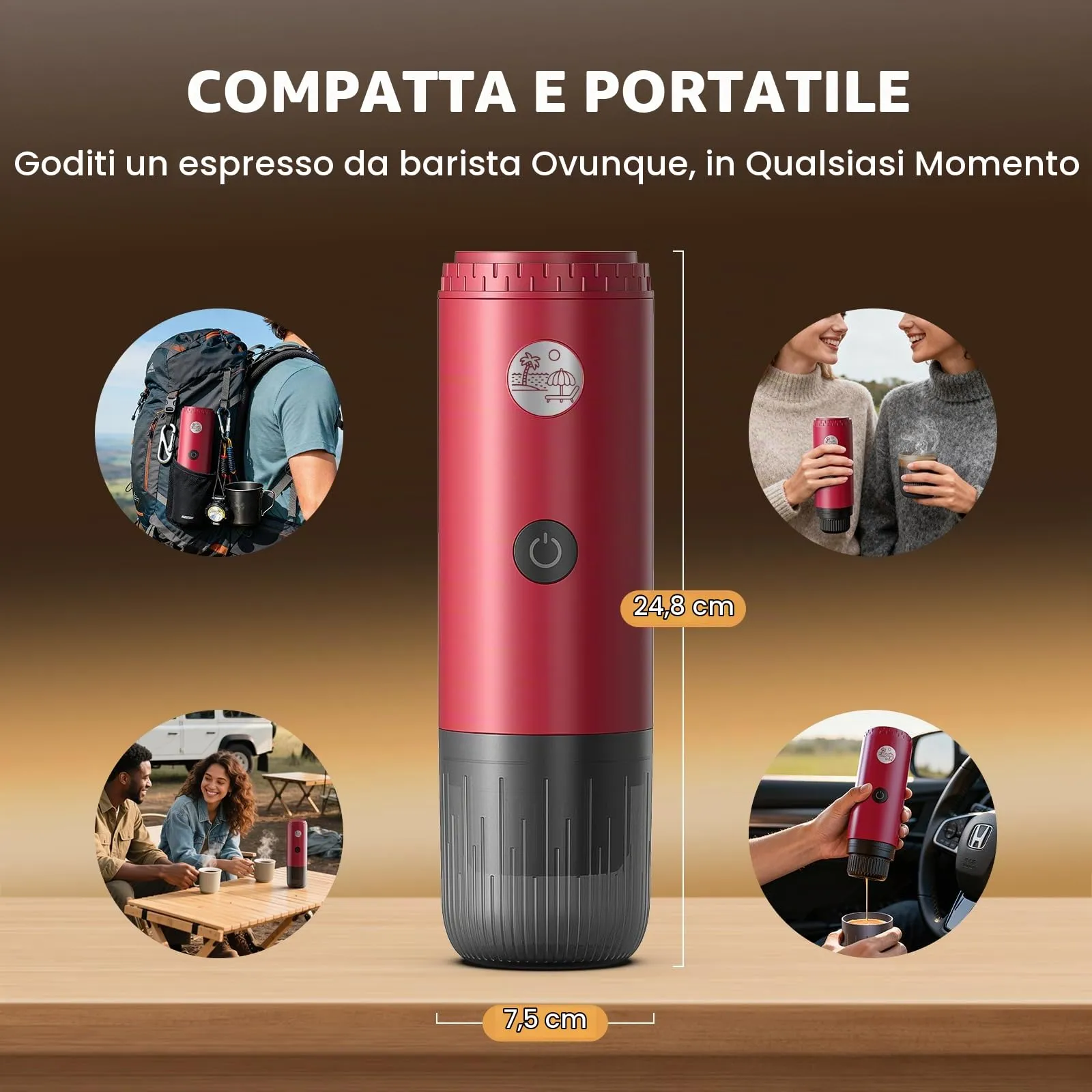 RECAFIMIL Macchina Espresso Portatile Elettrica Autoriscaldante, Rosso - immagine 2