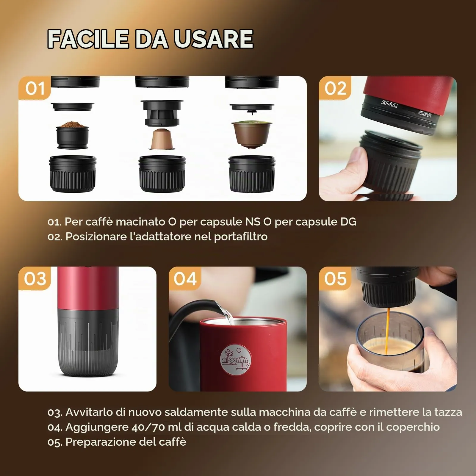 RECAFIMIL Macchina Espresso Portatile Elettrica Autoriscaldante, Rosso - immagine 7