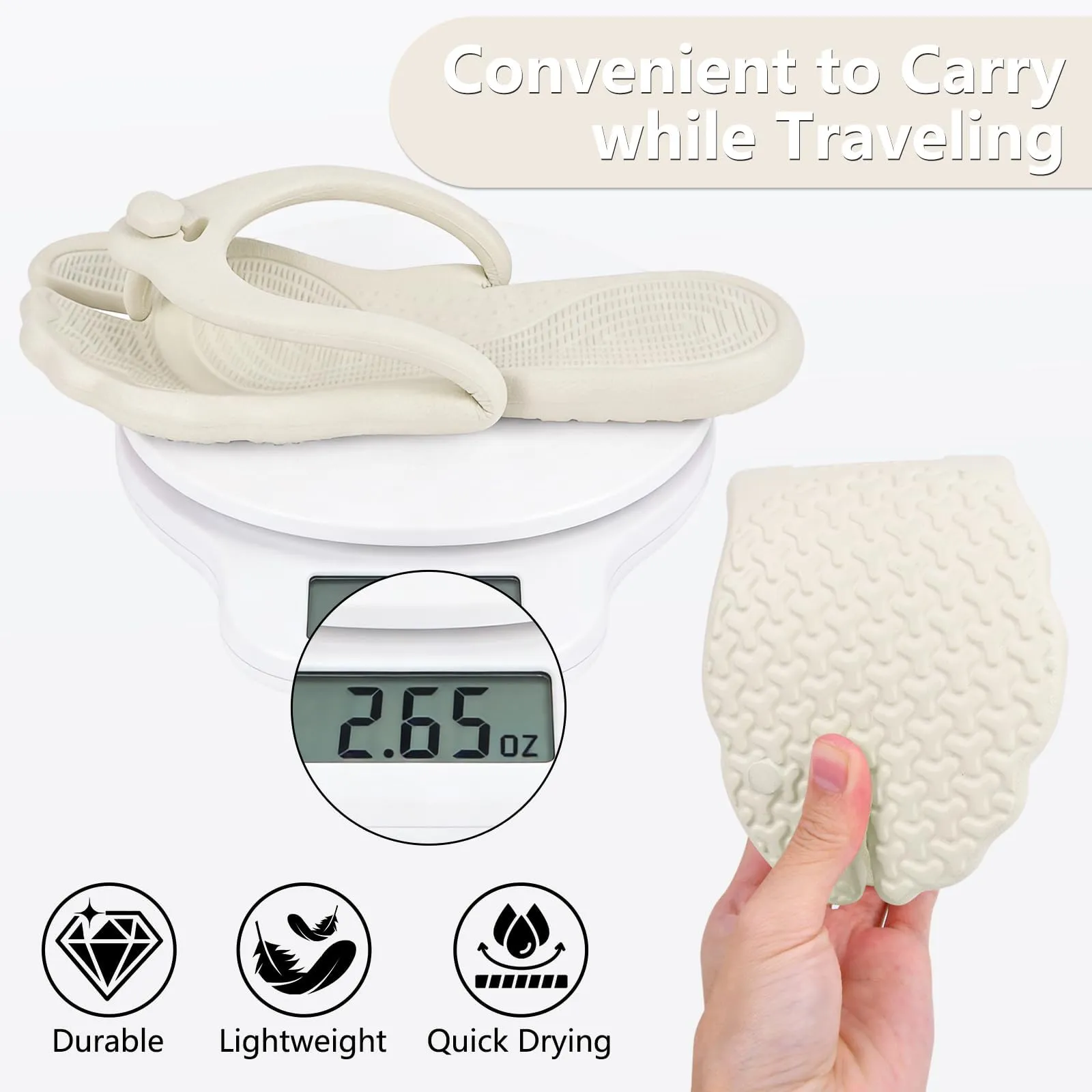 Rosoz infradito per donne e uomini, pantofole da viaggio pieghevoli, leggere, da bagno, da spiaggia, antiscivolo, ad asciugatura rapida, beige., 42/43 EU - immagine 5