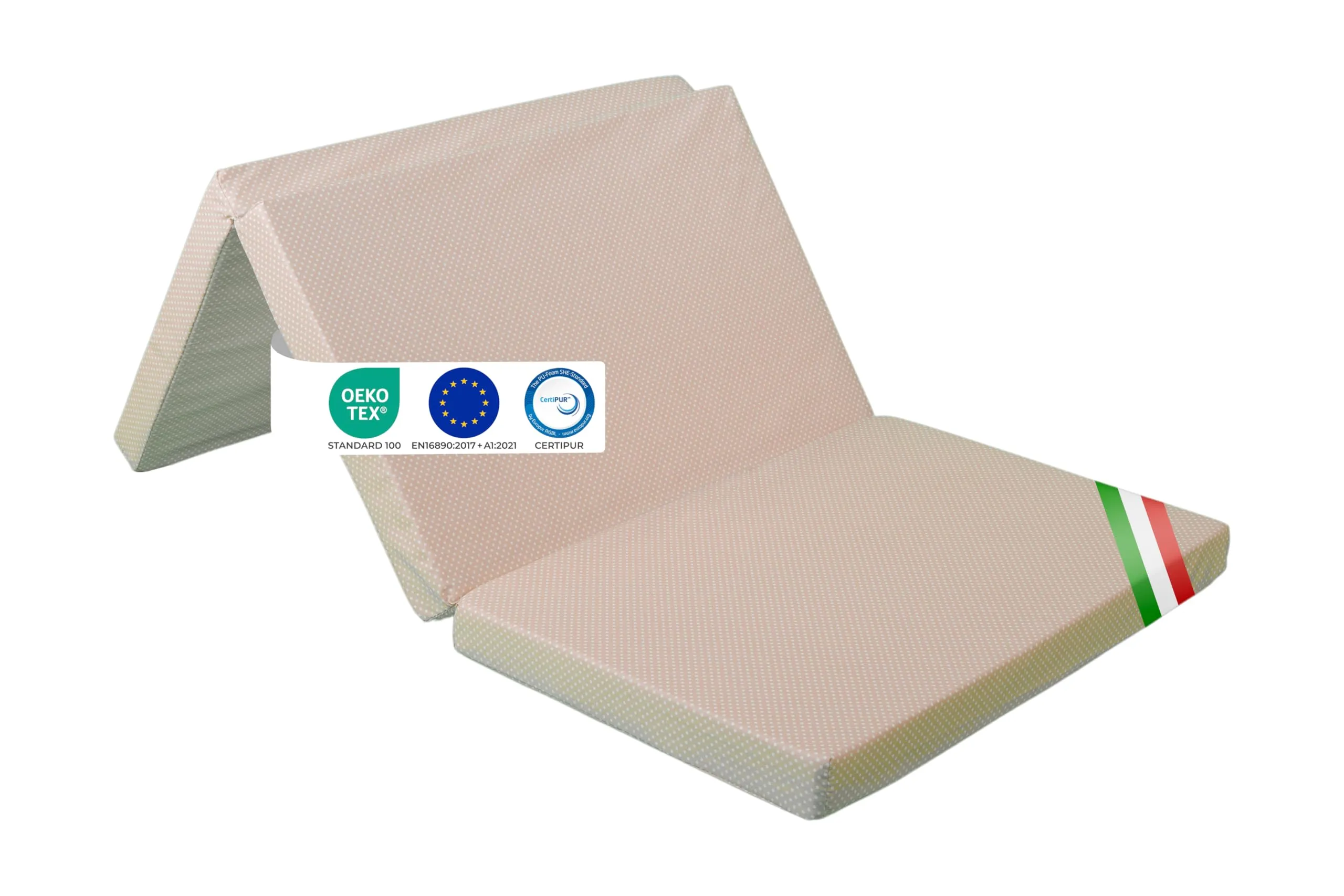GHIOCUSCINI | Materasso Pieghevole per Bambini, 120 x 60 cm, Alto 5 cm, Tessuto POIS NOCCIOLA Lavabile, Imbottitura Waterfoam, Made in Italy a Norma EN16890:2017 - immagine 1