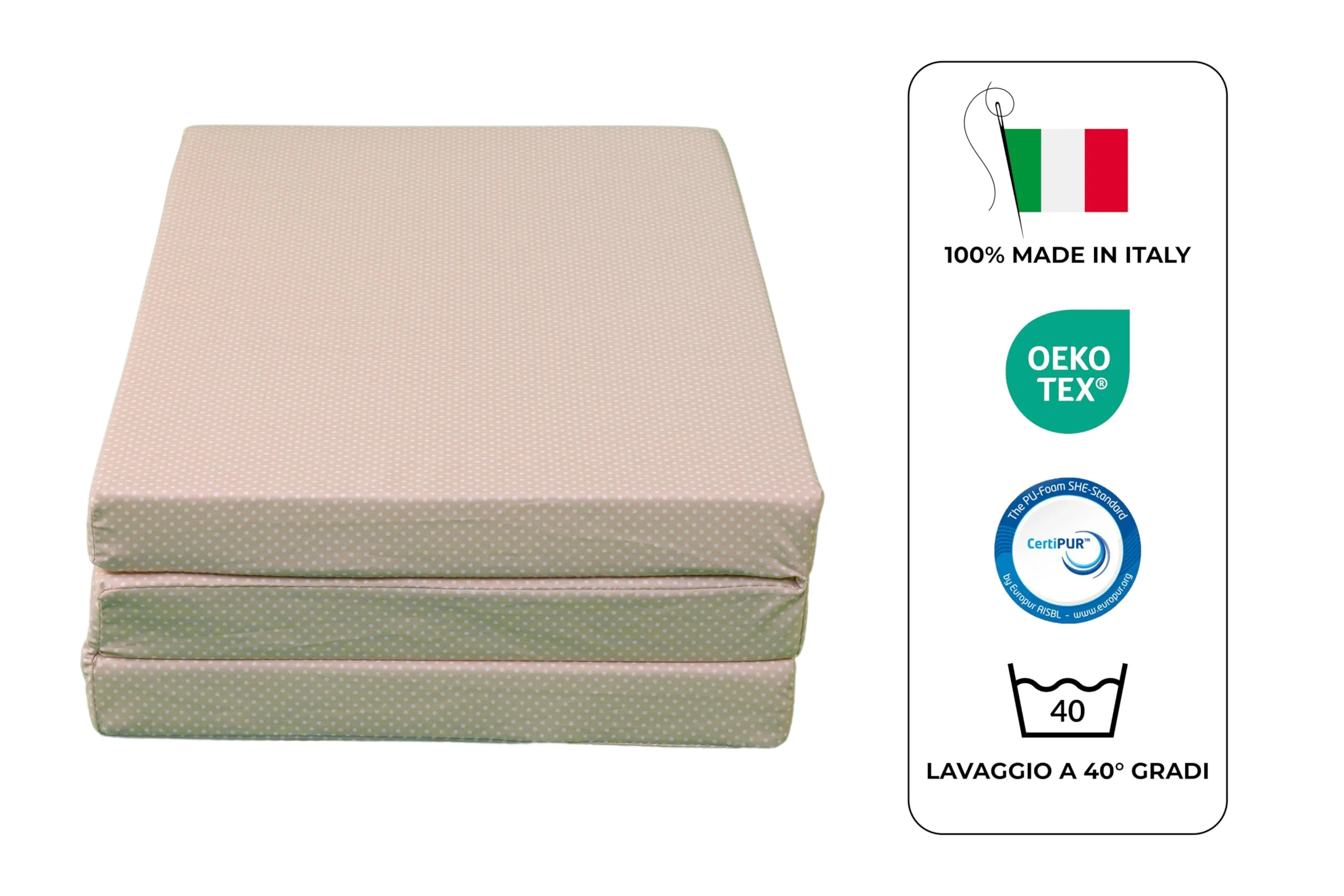 GHIOCUSCINI | Materasso Pieghevole per Bambini, 120 x 60 cm, Alto 5 cm, Tessuto POIS NOCCIOLA Lavabile, Imbottitura Waterfoam, Made in Italy a Norma EN16890:2017 - immagine 3