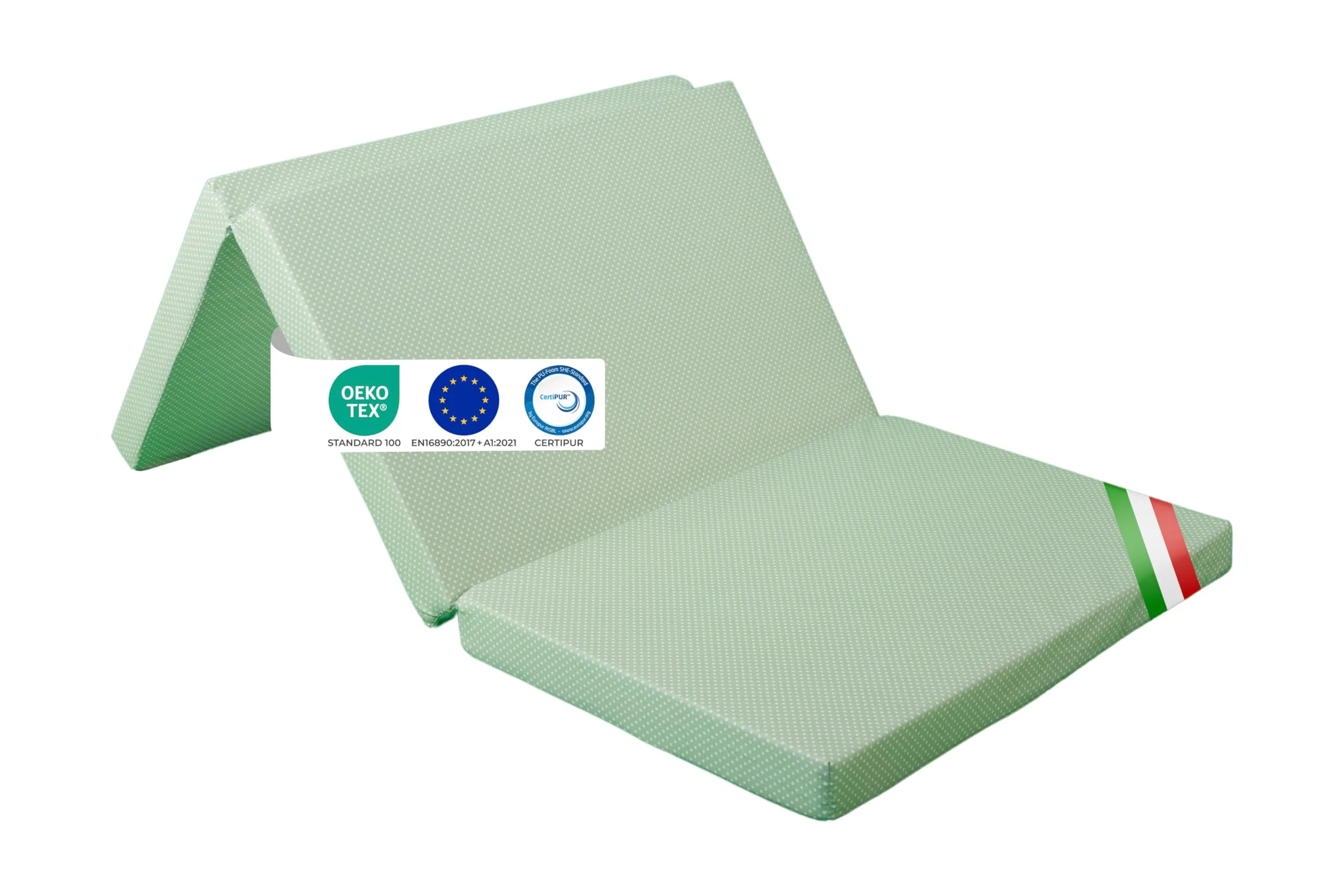 GHIOCUSCINI | Materasso Pieghevole per Bambini, 120 x 60 cm, Alto 5 cm, Tessuto POIS VERDE Lavabile, Imbottitura Waterfoam, Made in Italy a Norma EN16890:2017 - immagine 1