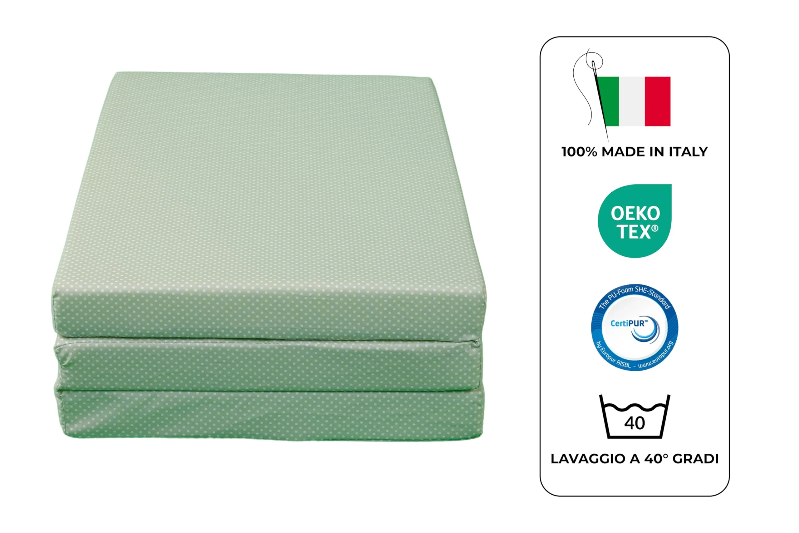 GHIOCUSCINI | Materasso Pieghevole per Bambini, 120 x 60 cm, Alto 5 cm, Tessuto POIS VERDE Lavabile, Imbottitura Waterfoam, Made in Italy a Norma EN16890:2017 - immagine 3