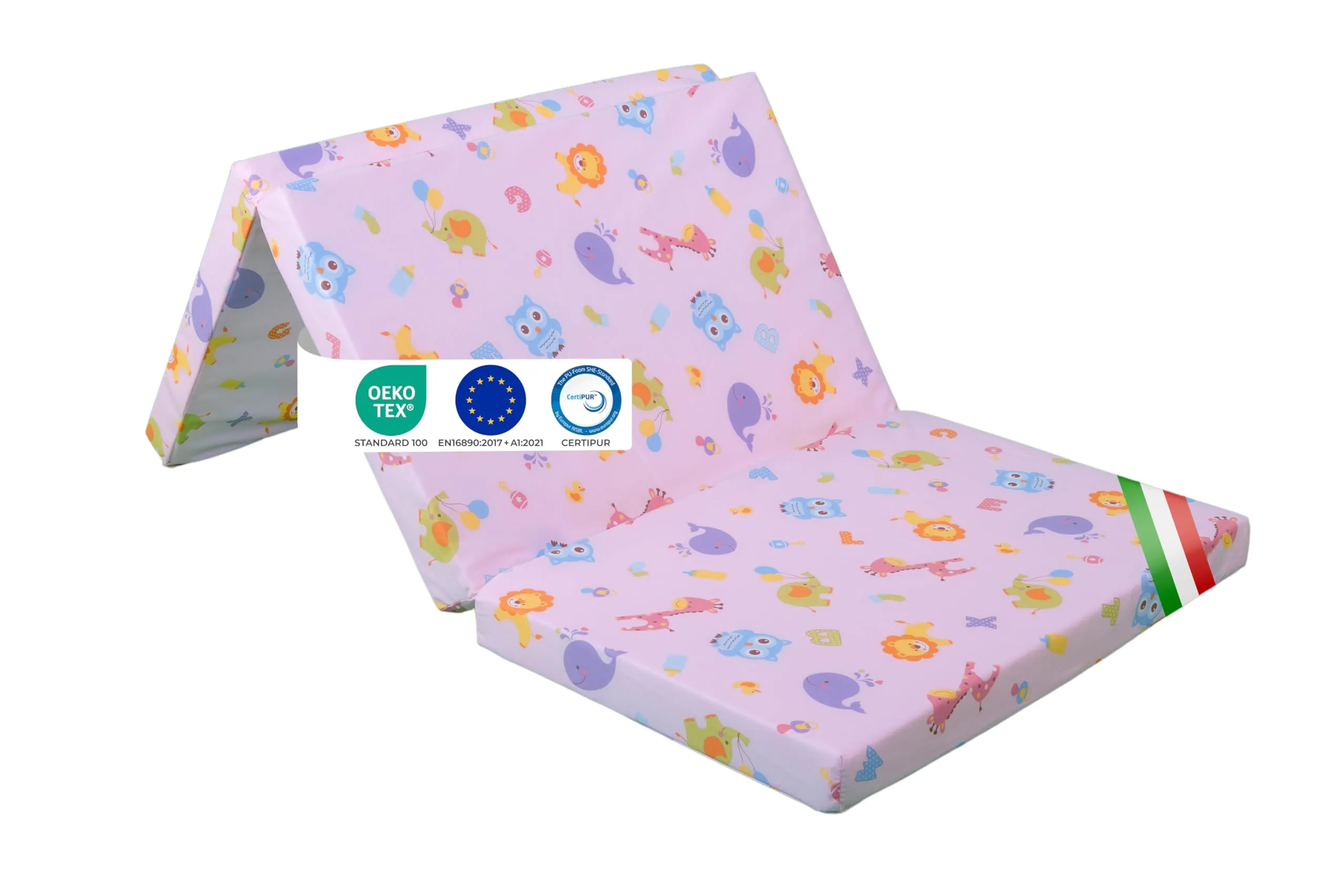 GHIOCUSCINI | Materasso Pieghevole per Bambini, 120 x 60 cm, Alto 5 cm, Tessuto ROSA Lavabile, Imbottitura Waterfoam, Made in Italy a Norma EN16890:2017 - immagine 2
