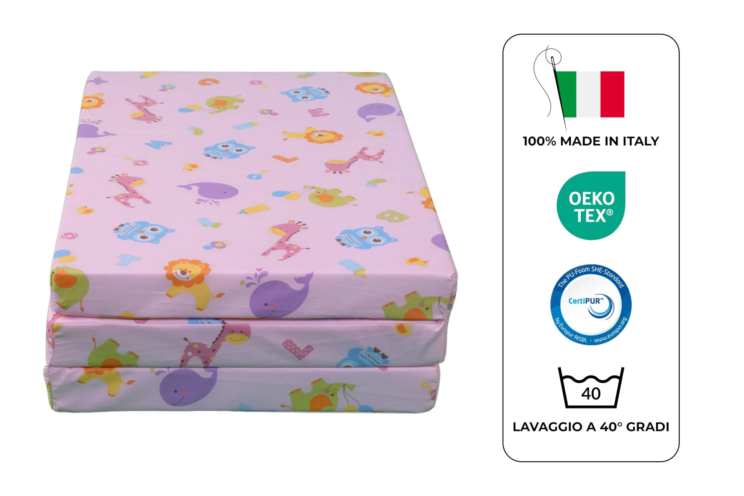 GHIOCUSCINI | Materasso Pieghevole per Bambini, 120 x 60 cm, Alto 5 cm, Tessuto ROSA Lavabile, Imbottitura Waterfoam, Made in Italy a Norma EN16890:2017 - immagine 3