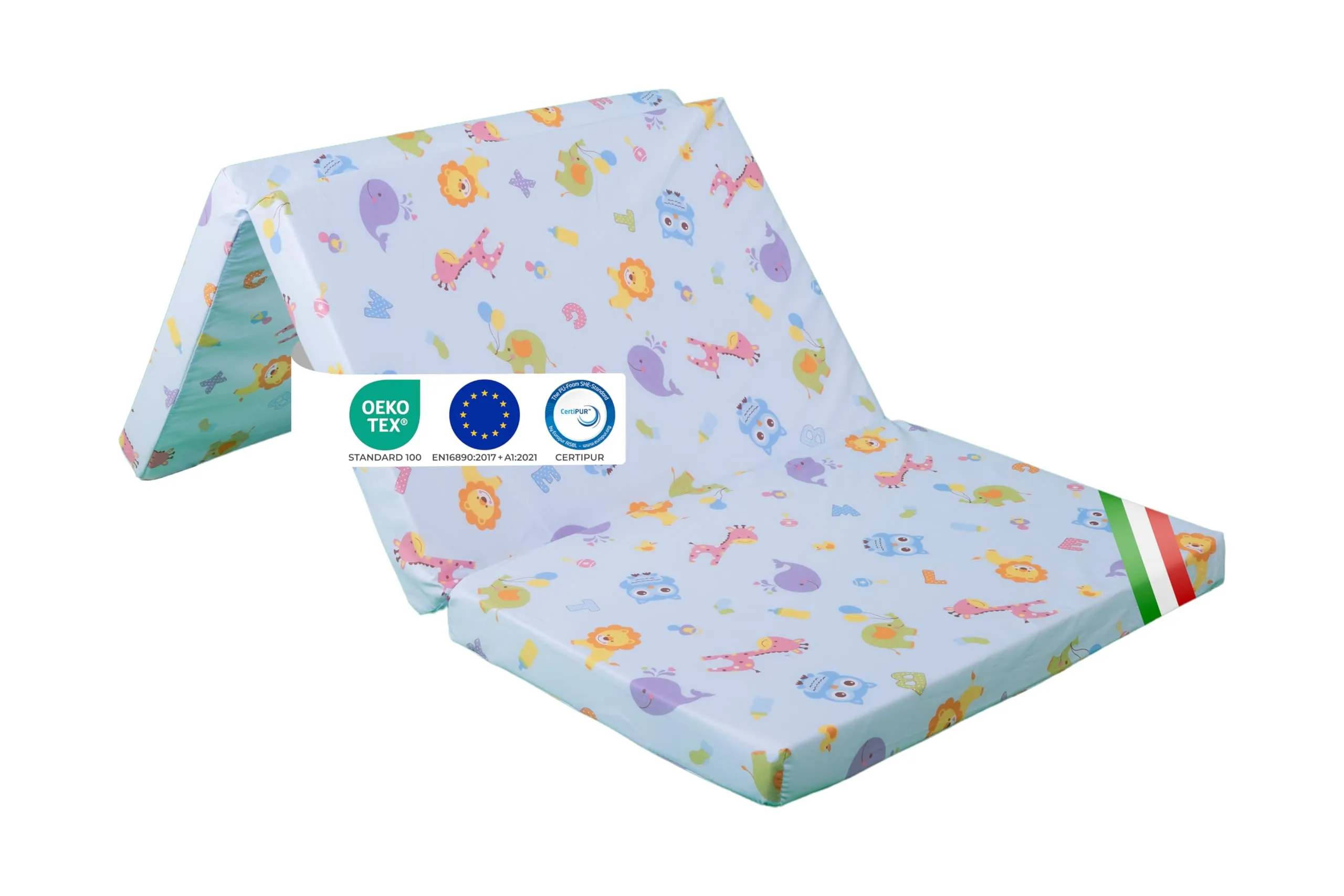 GHIOCUSCINI | Materasso Pieghevole per Bambini, 120 x 60 cm, Alto 5 cm, Tessuto AZZURRO Lavabile, Imbottitura Waterfoam, Made in Italy a Norma EN16890:2017 - immagine 2