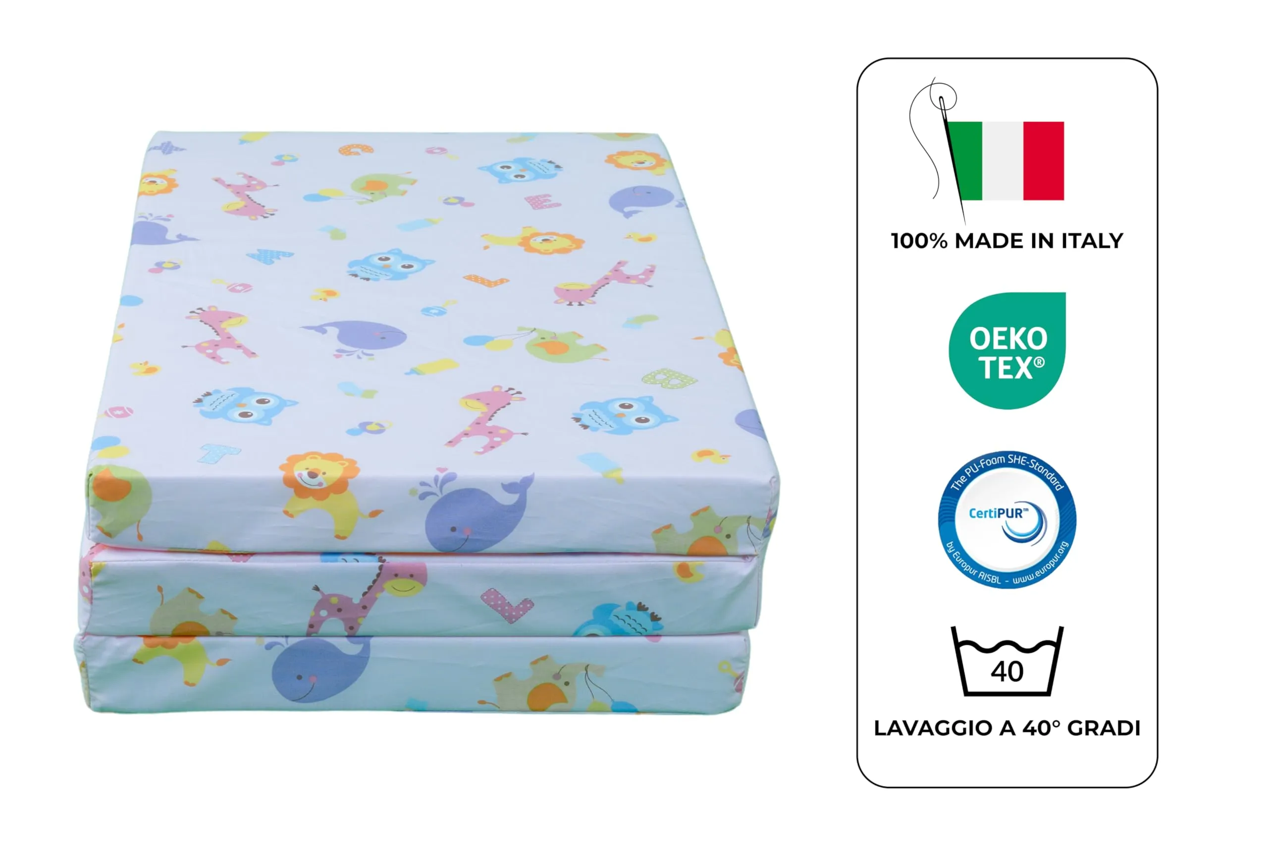 GHIOCUSCINI | Materasso Pieghevole per Bambini, 120 x 60 cm, Alto 5 cm, Tessuto AZZURRO Lavabile, Imbottitura Waterfoam, Made in Italy a Norma EN16890:2017 - immagine 3