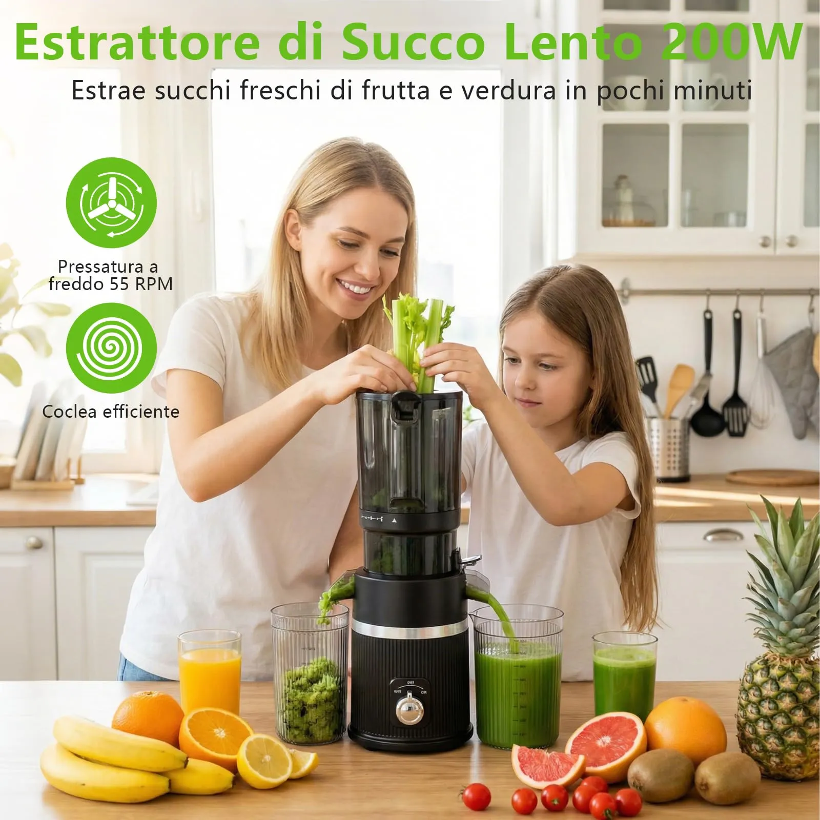 Rawhui Estrattore Frutta e Verdura,Slow Juicer con Ampio Bocca da 112MM, Spremiagrumi Elettrico Professionale 200W con Funzione di Inversione,per Frutta e Verdura Intere,BPA Free, Estrattore di Succo - immagine 2