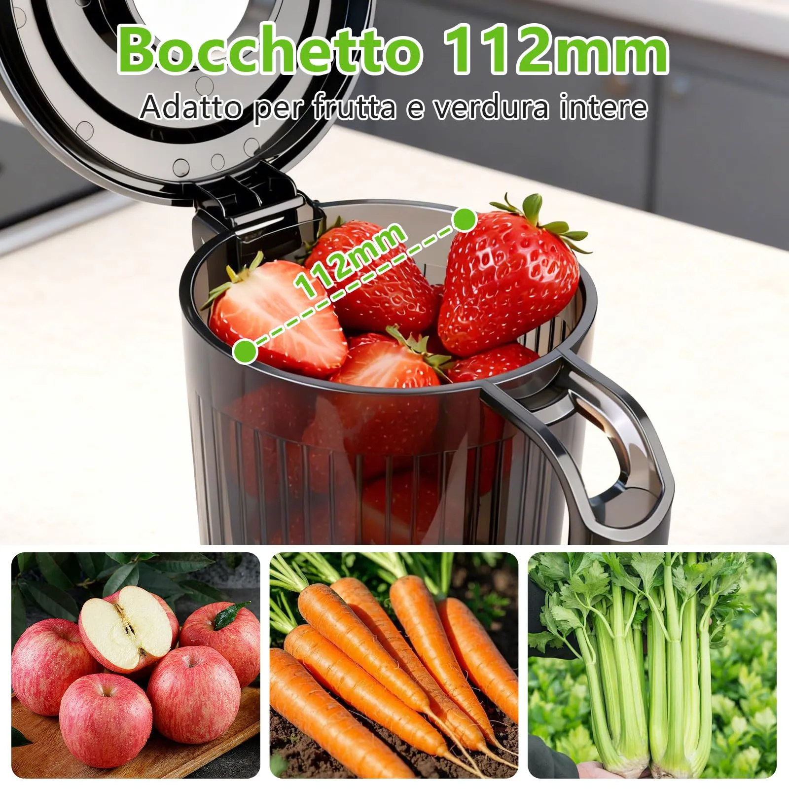 Rawhui Estrattore Frutta e Verdura,Slow Juicer con Ampio Bocca da 112MM, Spremiagrumi Elettrico Professionale 200W con Funzione di Inversione,per Frutta e Verdura Intere,BPA Free, Estrattore di Succo - immagine 3