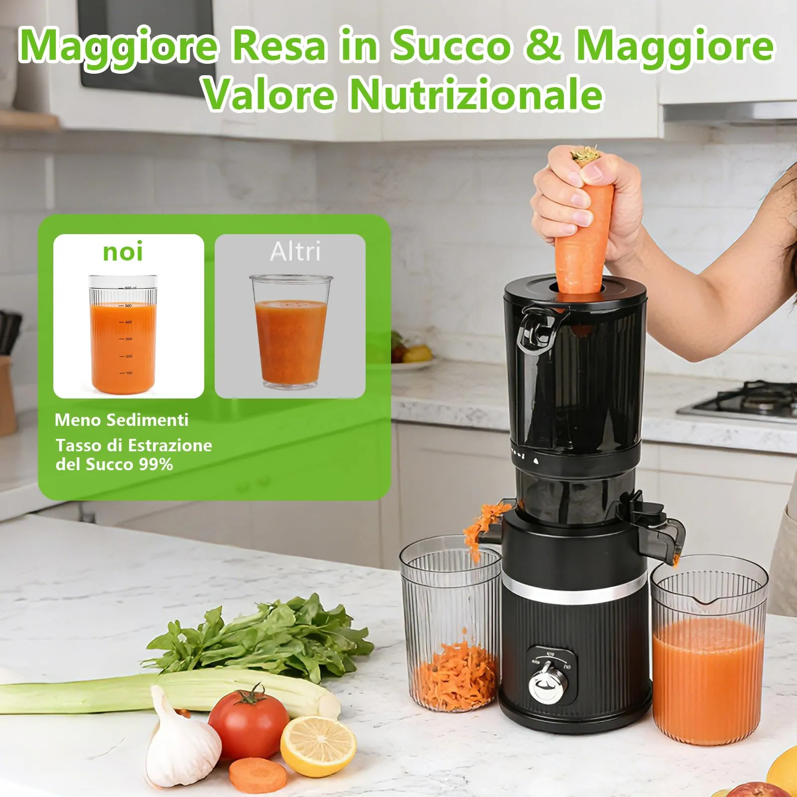 Rawhui Estrattore Frutta e Verdura,Slow Juicer con Ampio Bocca da 112MM, Spremiagrumi Elettrico Professionale 200W con Funzione di Inversione,per Frutta e Verdura Intere,BPA Free, Estrattore di Succo - immagine 4