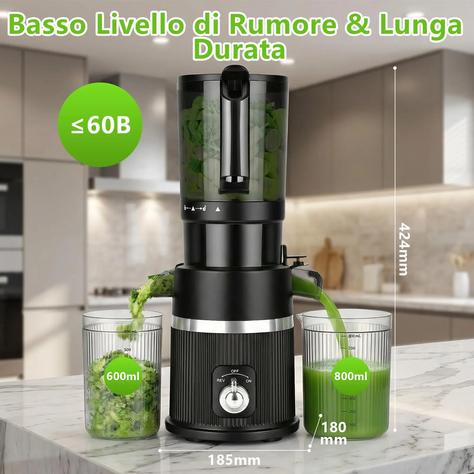 Rawhui Estrattore Frutta e Verdura,Slow Juicer con Ampio Bocca da 112MM, Spremiagrumi Elettrico Professionale 200W con Funzione di Inversione,per Frutta e Verdura Intere,BPA Free, Estrattore di Succo - immagine 6