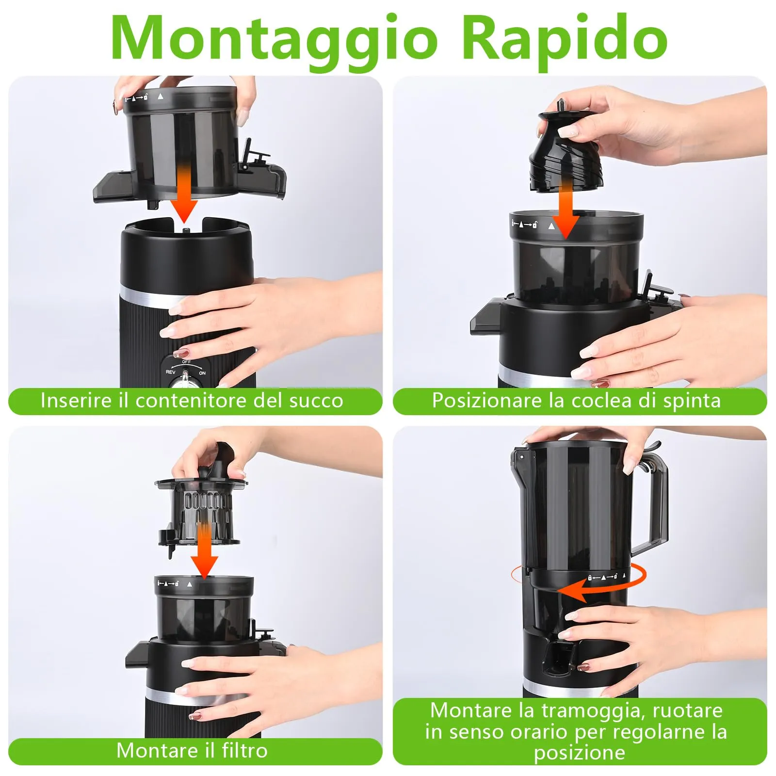 Rawhui Estrattore Frutta e Verdura,Slow Juicer con Ampio Bocca da 112MM, Spremiagrumi Elettrico Professionale 200W con Funzione di Inversione,per Frutta e Verdura Intere,BPA Free, Estrattore di Succo - immagine 7