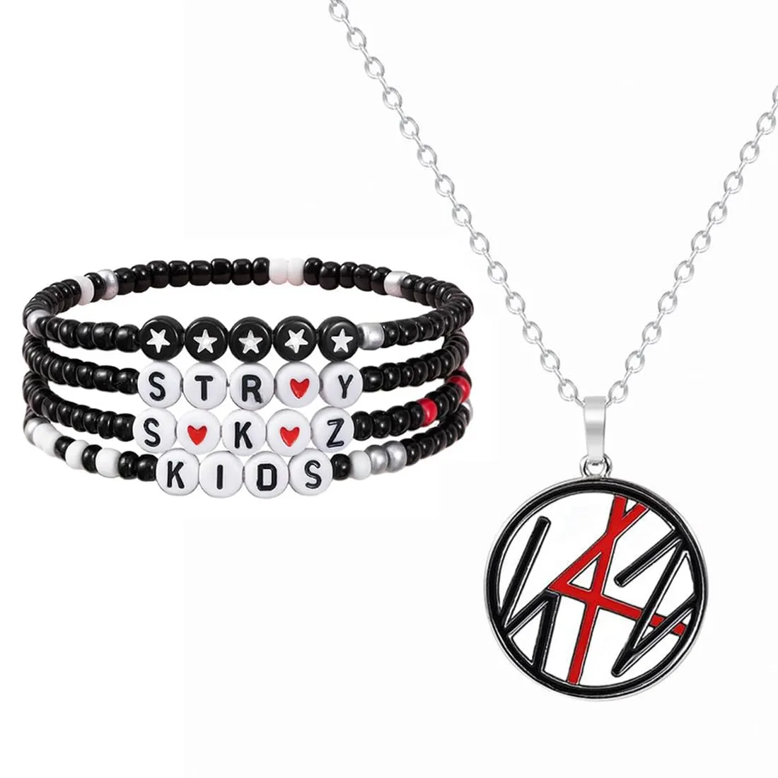 DEFGNOP Stray Kids Set di Collana in Acciaio al Titanio con 4 Braccialetti in Acrilico e 2 Photocard SKZ, Regali Kpop, Bracciale Kpop Merch e Collier per Uomini e Donne - immagine 1