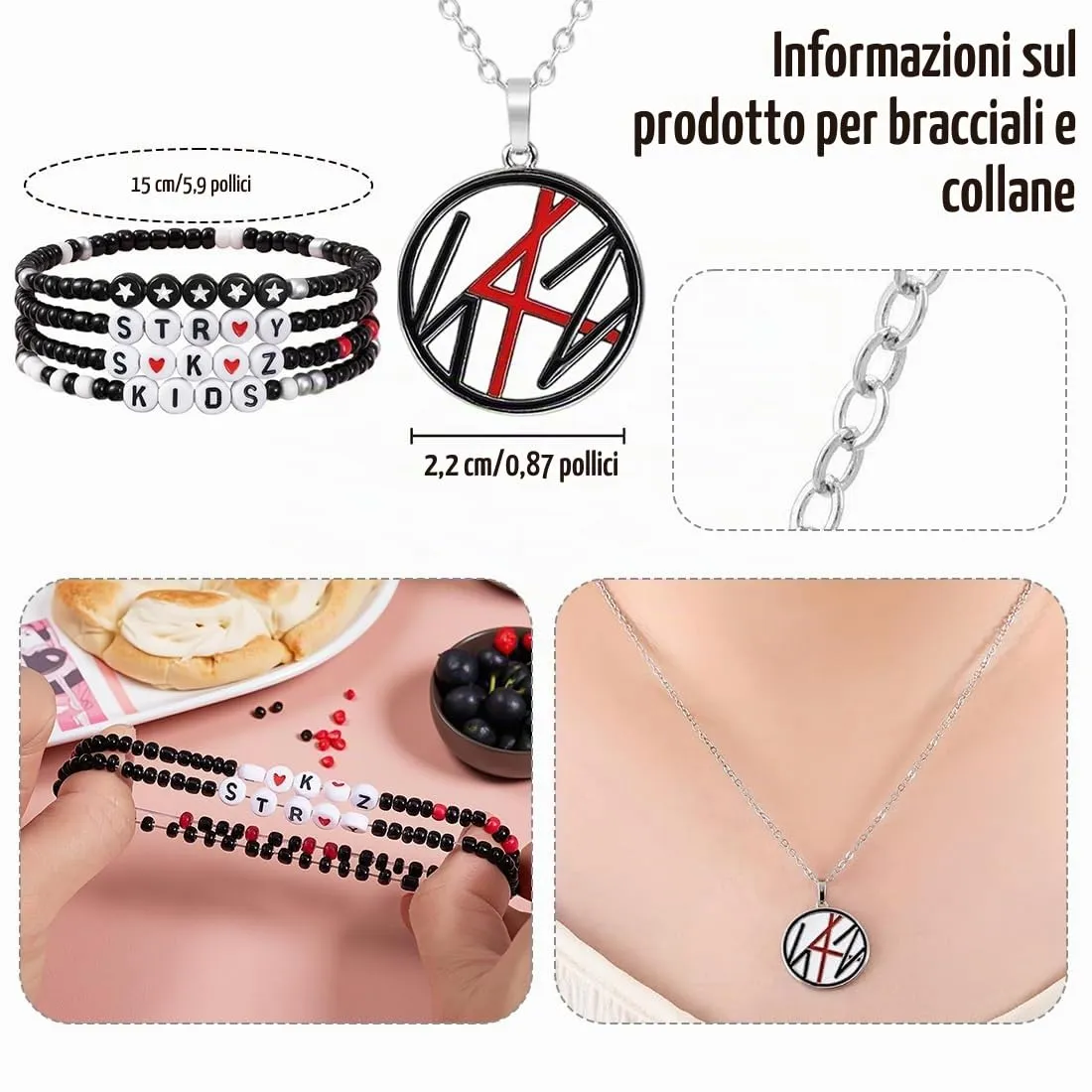 DEFGNOP Stray Kids Set di Collana in Acciaio al Titanio con 4 Braccialetti in Acrilico e 2 Photocard SKZ, Regali Kpop, Bracciale Kpop Merch e Collier per Uomini e Donne - immagine 2