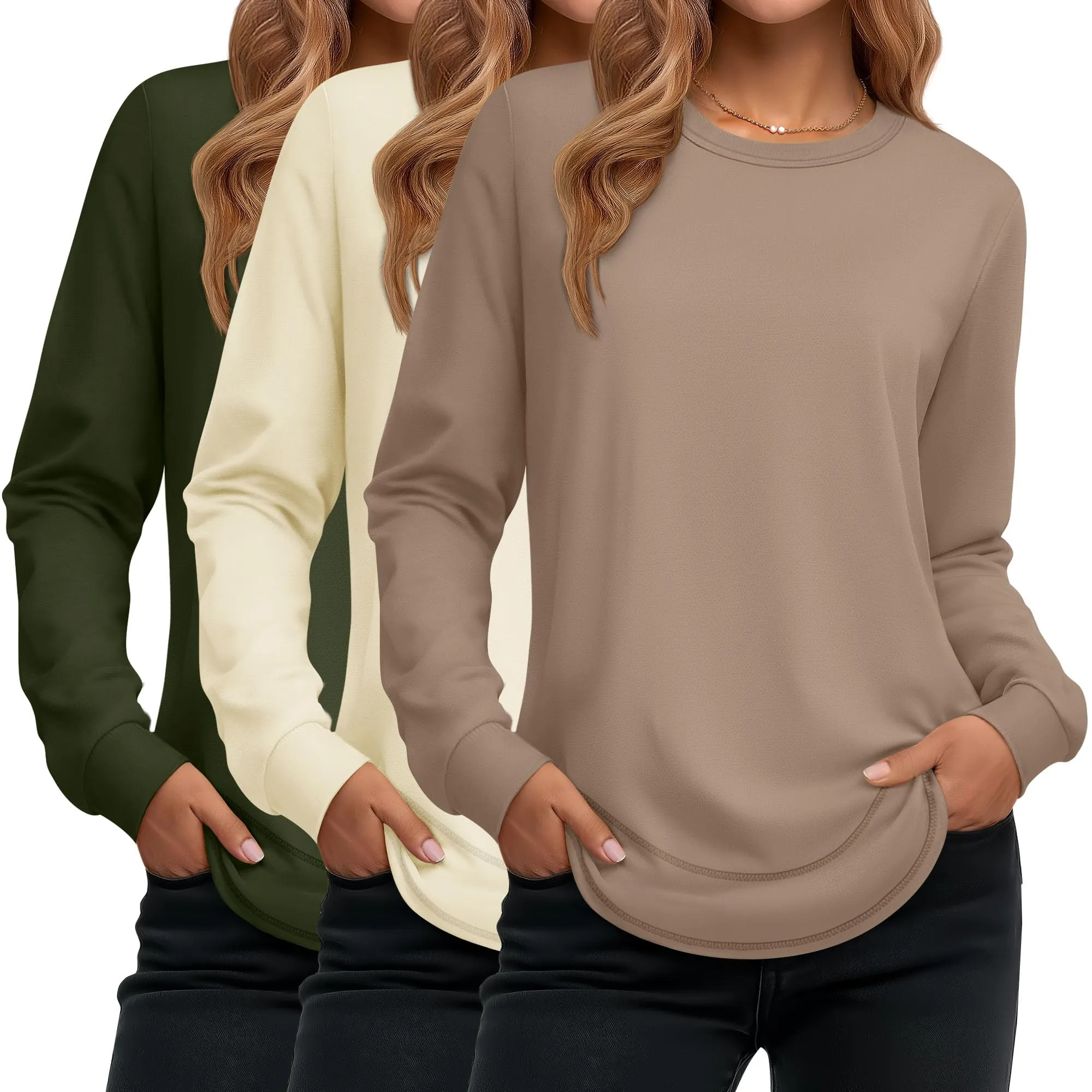 Ficerd Confezione da 3 Magliette Donna a Maniche Lunghe, Tunica Girocollo Cotone, vestibilità Ampia e Casual, Orlo Curvo(Verde Militare, Crema, caffè Chiaro,M) - immagine 1
