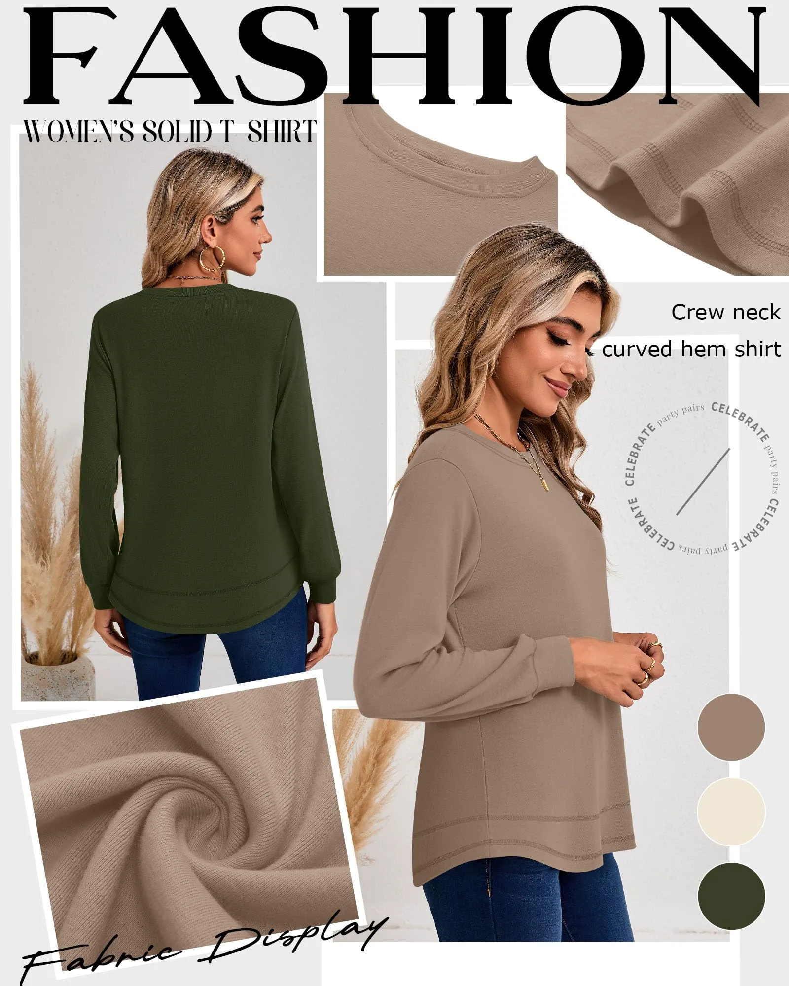 Ficerd Confezione da 3 Magliette Donna a Maniche Lunghe, Tunica Girocollo Cotone, vestibilità Ampia e Casual, Orlo Curvo(Verde Militare, Crema, caffè Chiaro,M) - immagine 4