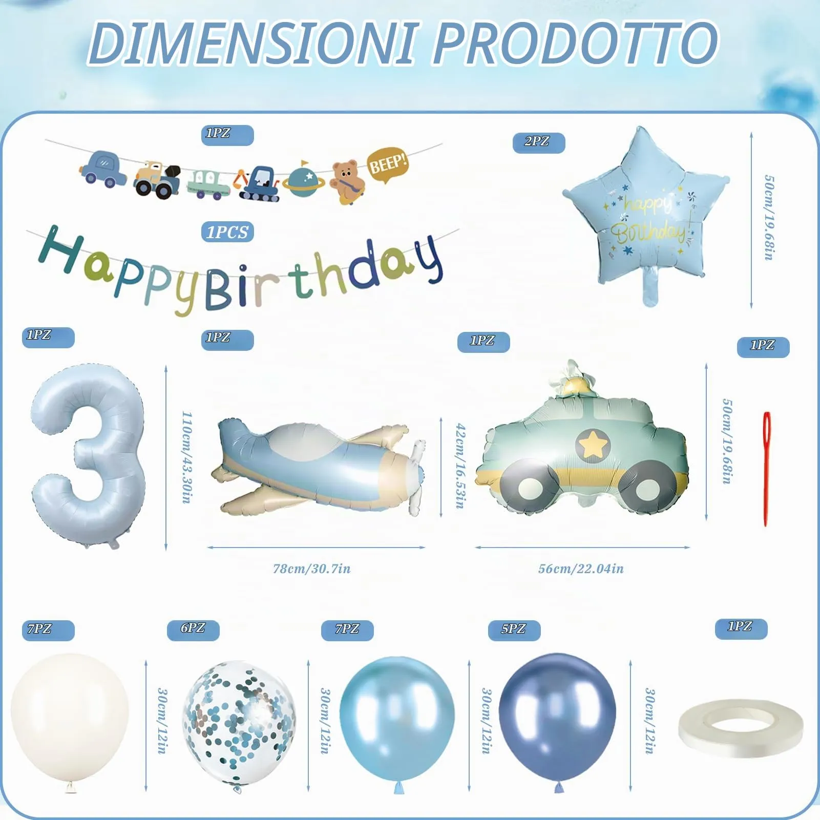 Palloncini Compleanno 3 Anni Bambino 31 Pezzi,Palloncini Auto Aerei 3 anni - immagine 2