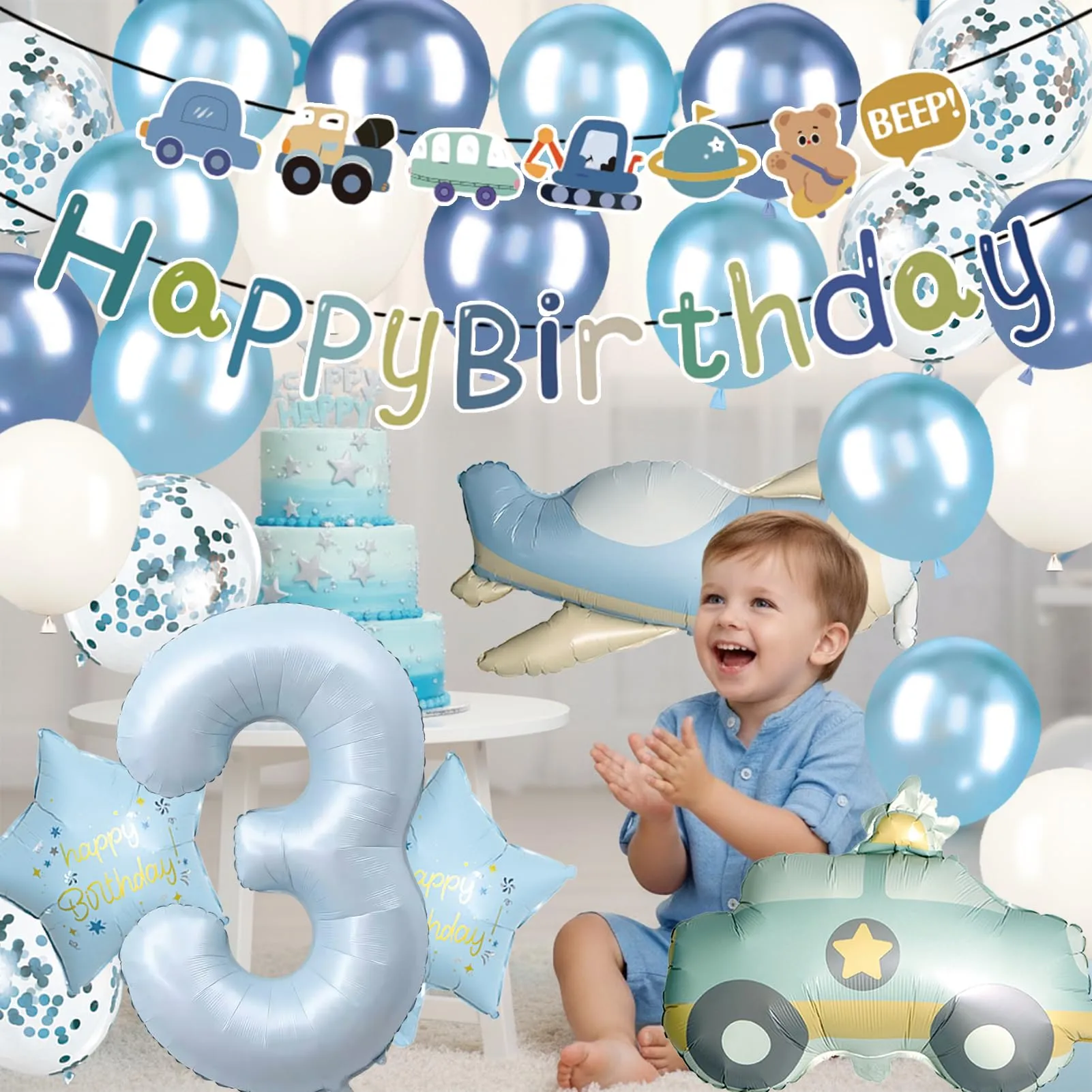 Palloncini Compleanno 3 Anni Bambino 31 Pezzi,Palloncini Auto Aerei 3 anni - immagine 4
