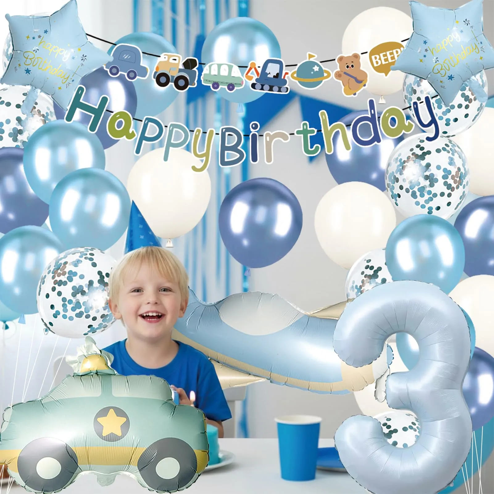 Palloncini Compleanno 3 Anni Bambino 31 Pezzi,Palloncini Auto Aerei 3 anni - immagine 6