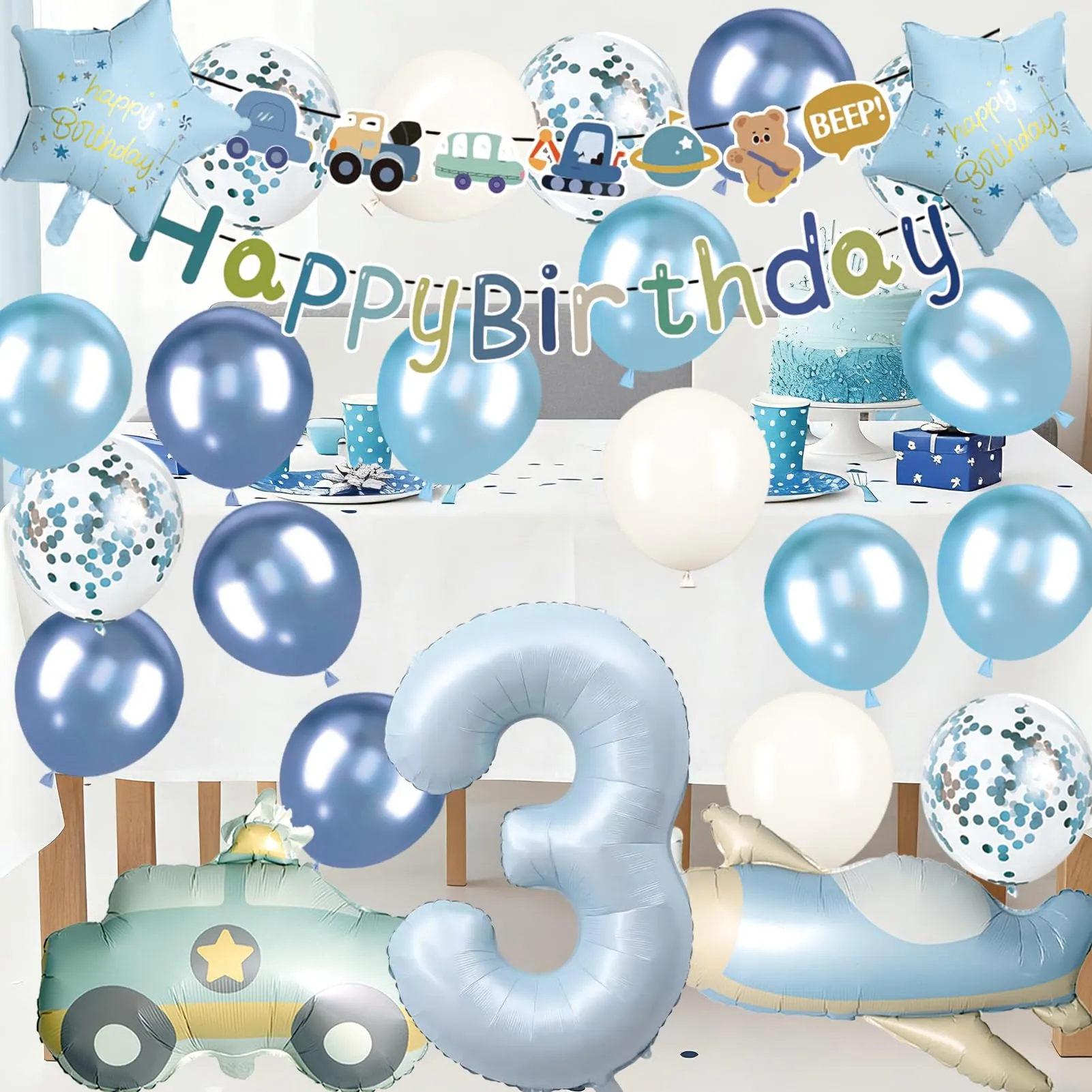 Palloncini Compleanno 3 Anni Bambino 31 Pezzi,Palloncini Auto Aerei 3 anni - immagine 7