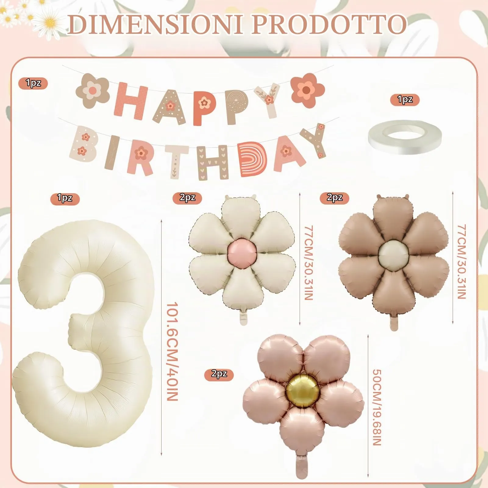 8 Pezzi Palloncini Compleanno 3 Anno Bimba, Palloncino Foil Margherita - immagine 2