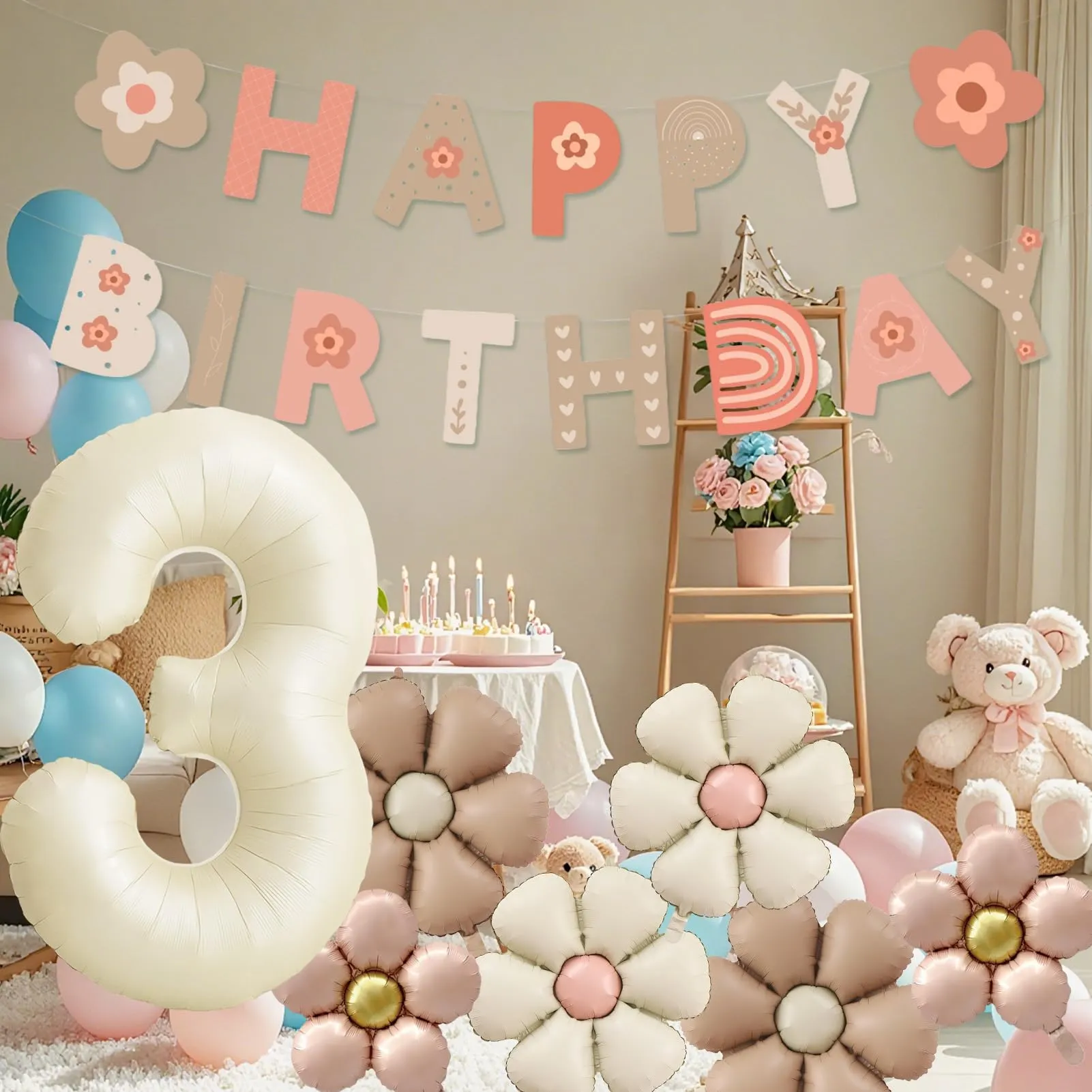 8 Pezzi Palloncini Compleanno 3 Anno Bimba, Palloncino Foil Margherita - immagine 4