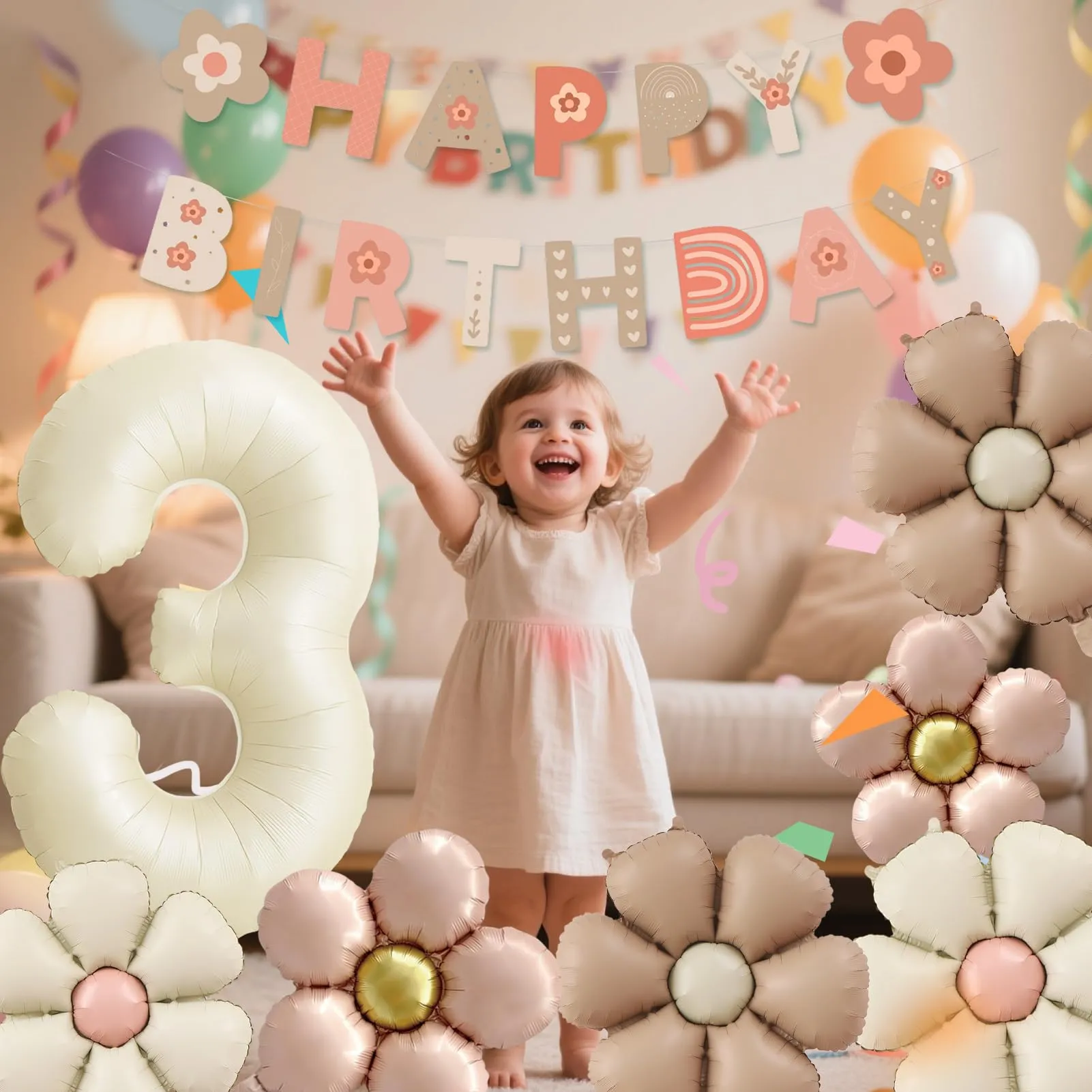 8 Pezzi Palloncini Compleanno 3 Anno Bimba, Palloncino Foil Margherita - immagine 6