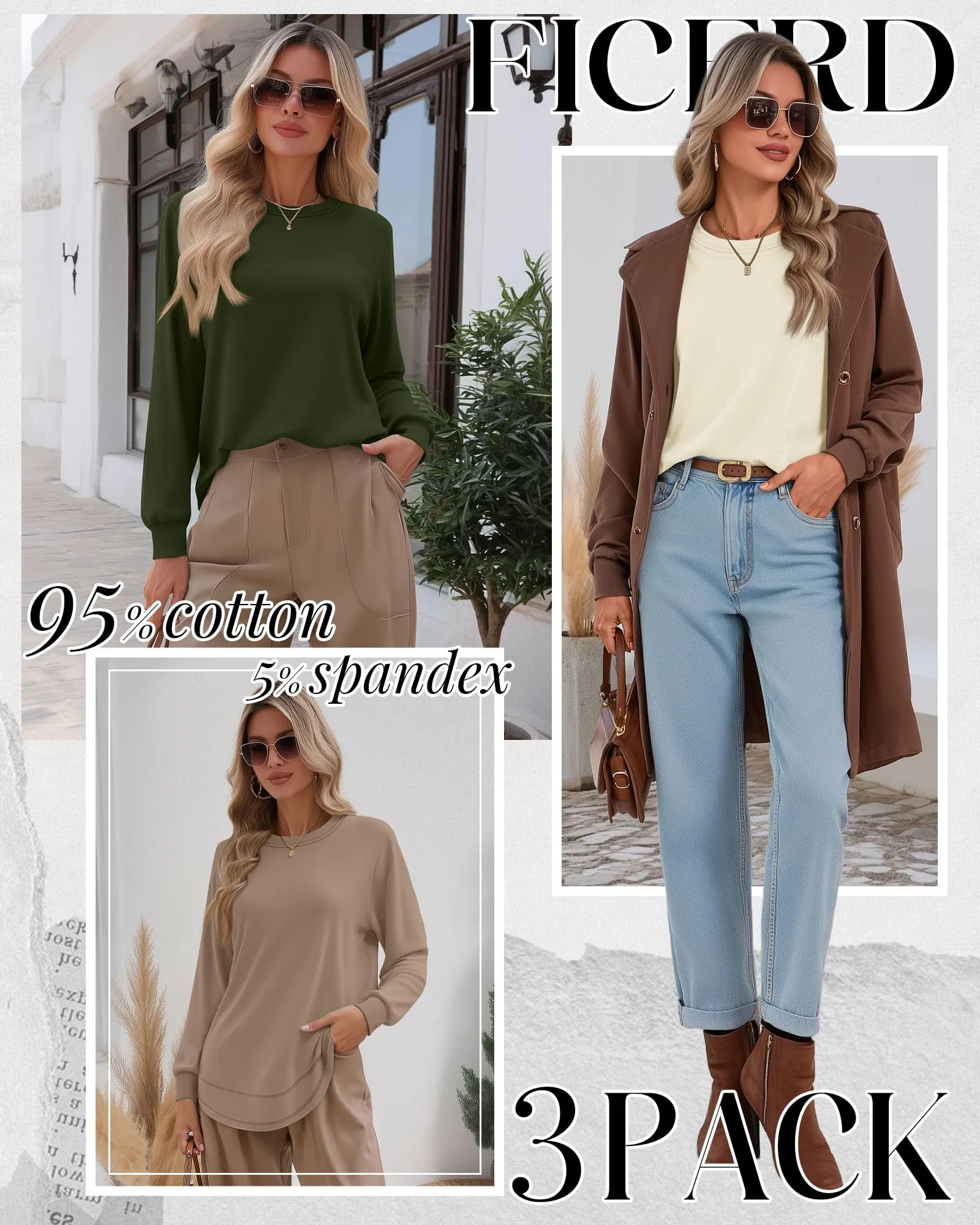 Ficerd Confezione da 3 Magliette Donna a Maniche Lunghe, Tunica Girocollo Cotone, vestibilità Ampia e Casual, Orlo Curvo(Verde Militare, Crema, caffè Chiaro,L) - immagine 2