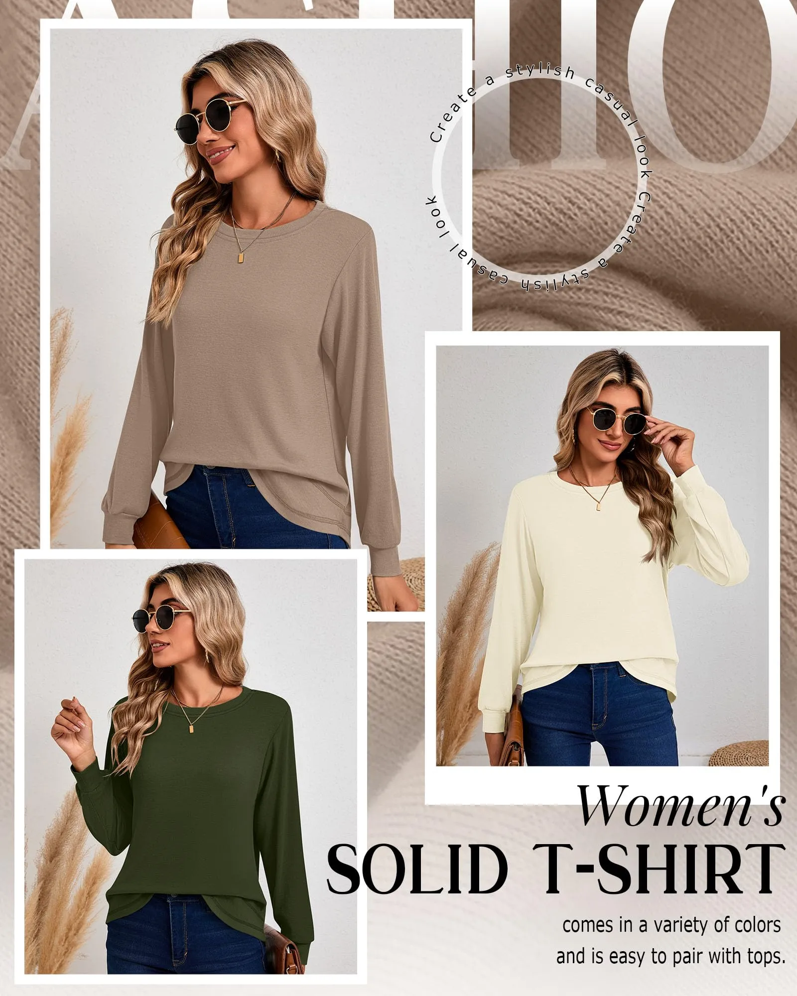 Ficerd Confezione da 3 Magliette Donna a Maniche Lunghe, Tunica Girocollo Cotone, vestibilità Ampia e Casual, Orlo Curvo(Verde Militare, Crema, caffè Chiaro,L) - immagine 5