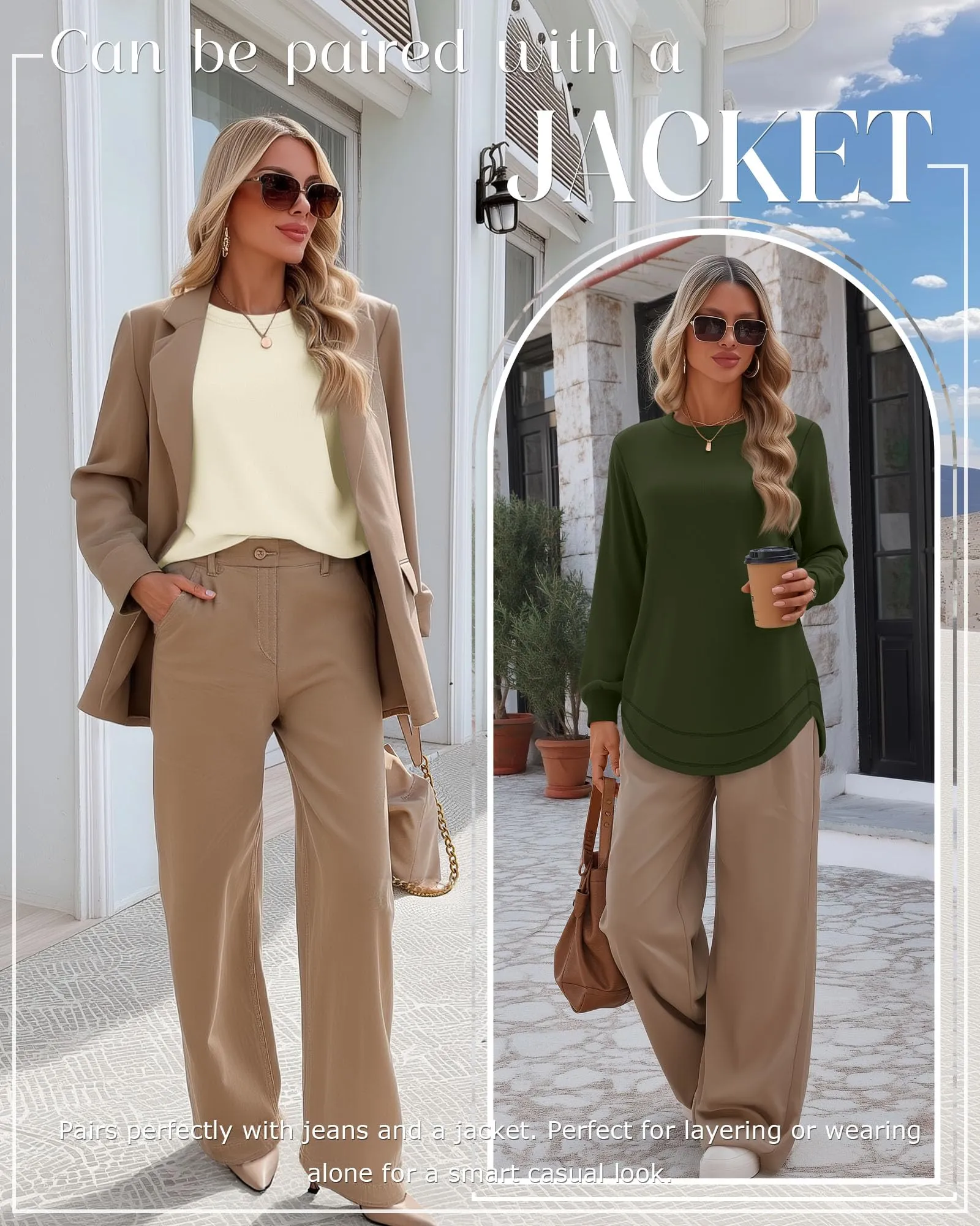 Ficerd Confezione da 3 Magliette Donna a Maniche Lunghe, Tunica Girocollo Cotone, vestibilità Ampia e Casual, Orlo Curvo(Verde Militare, Crema, caffè Chiaro,XL) - immagine 3