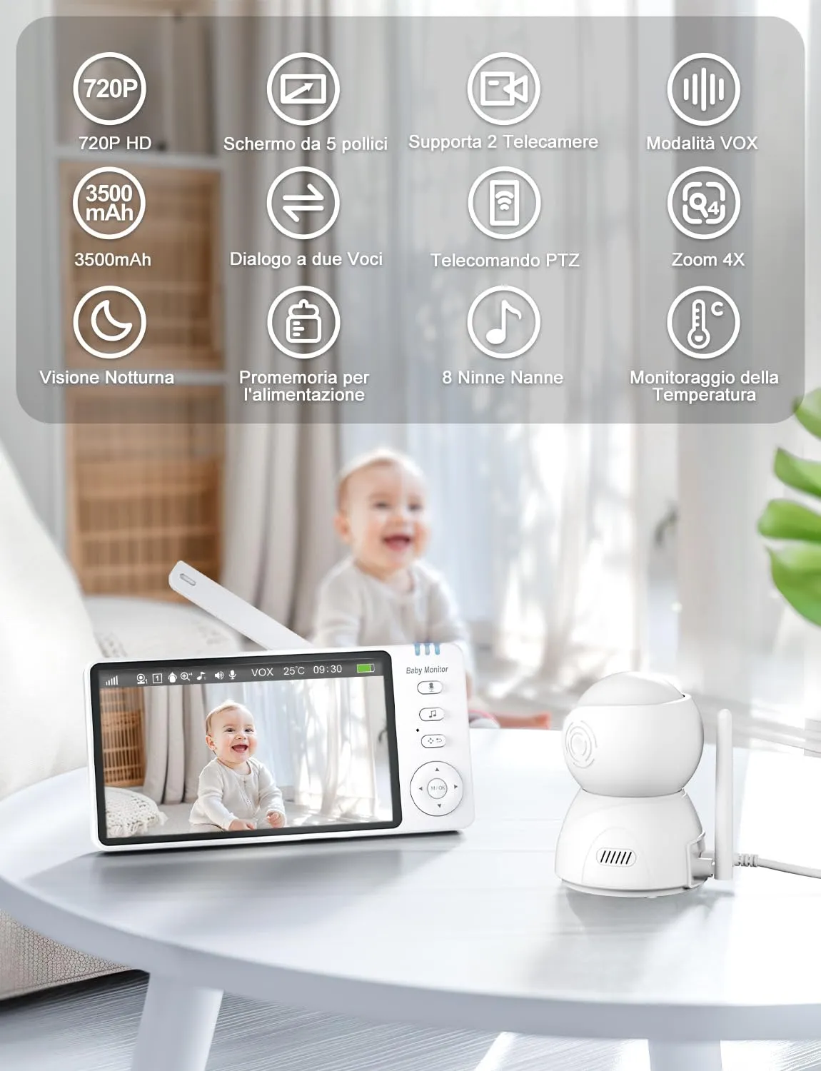 BURNNOVE Baby Monitor Video e Audio 5 Pollici 720P Senza WiFi PTZ 355° - immagine 2