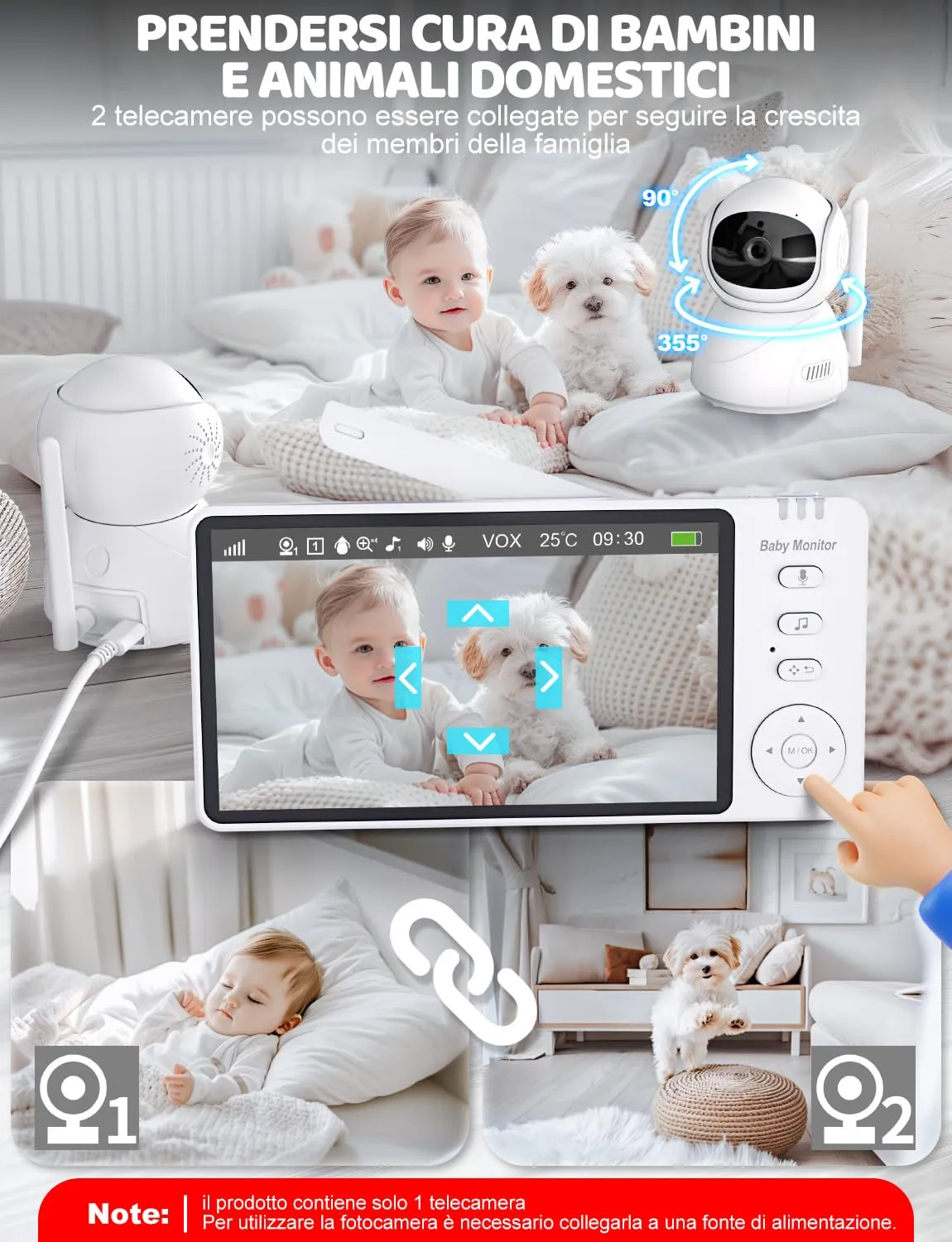 BURNNOVE Baby Monitor Video e Audio 5 Pollici 720P Senza WiFi PTZ 355° - immagine 5