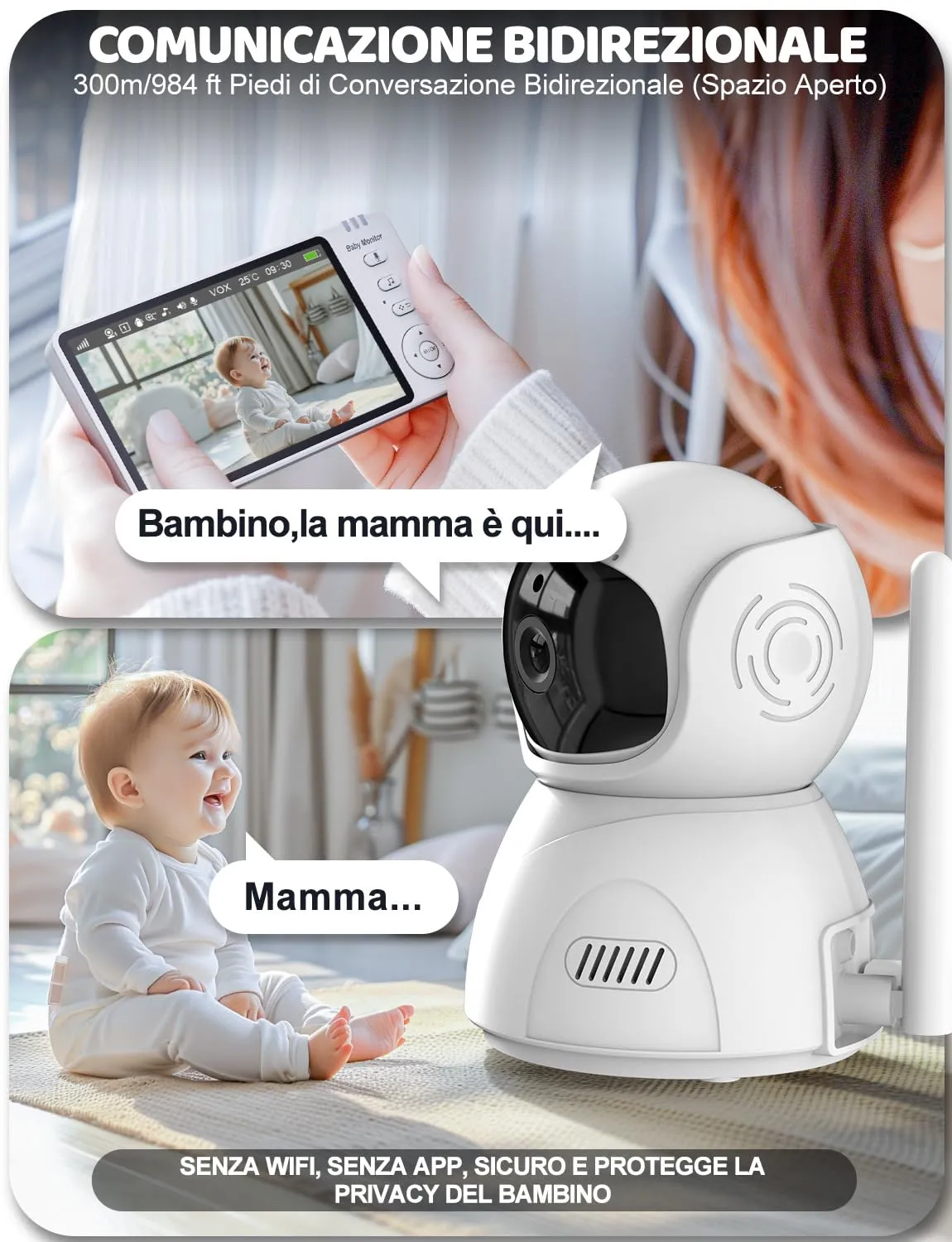 BURNNOVE Baby Monitor Video e Audio 5 Pollici 720P Senza WiFi PTZ 355° - immagine 7