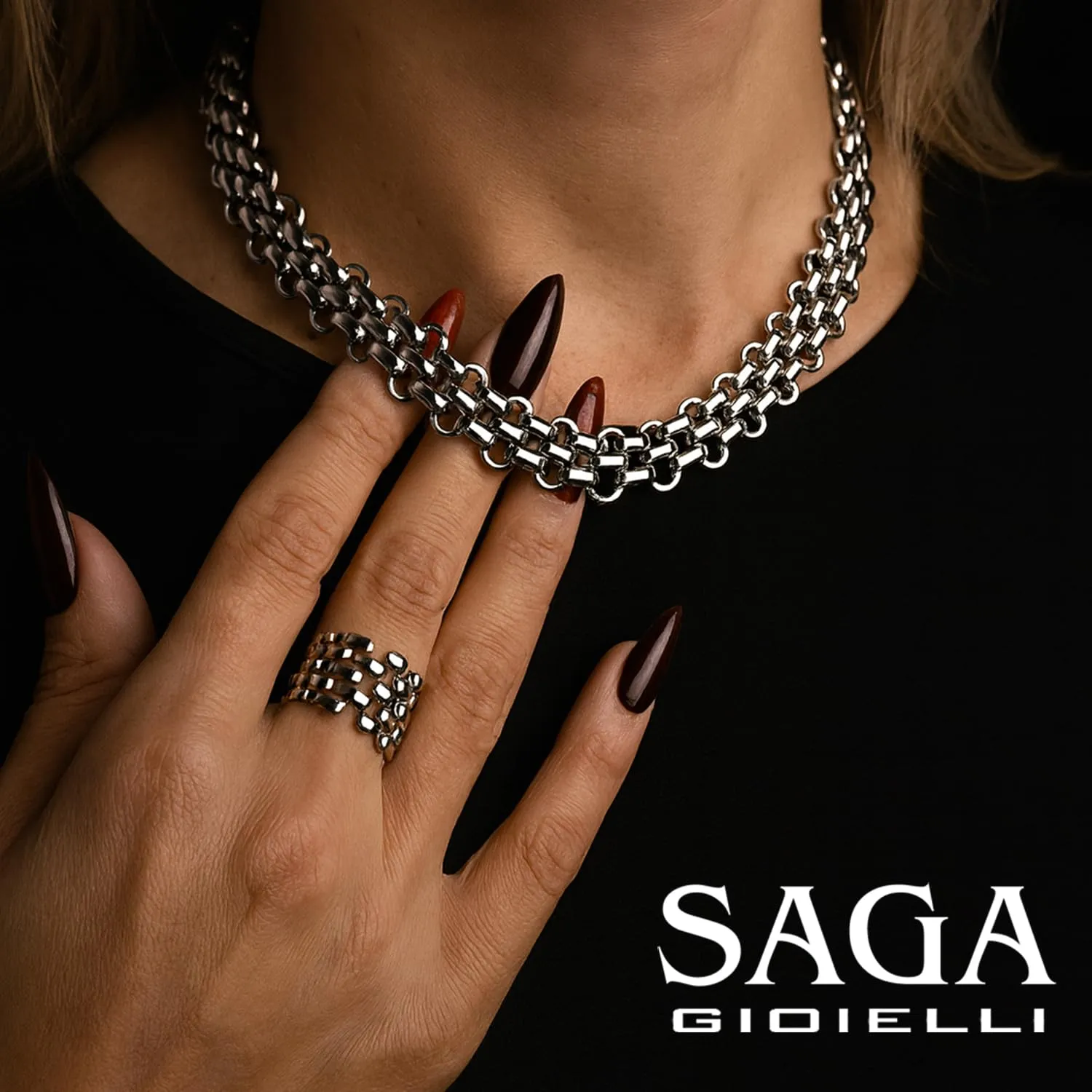 SAGA GIOIELLI® Collana Bracciale donna a catena intrecciata striata argentata in Acciaio inox – Confezione Regalo Spessore 13 mm (COLLANA) - immagine 2