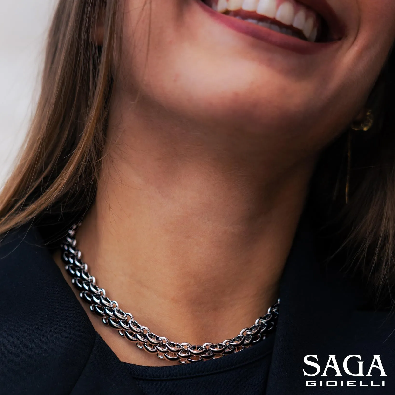 SAGA GIOIELLI® Collana Bracciale donna a catena intrecciata striata argentata in Acciaio inox – Confezione Regalo Spessore 13 mm (COLLANA) - immagine 3