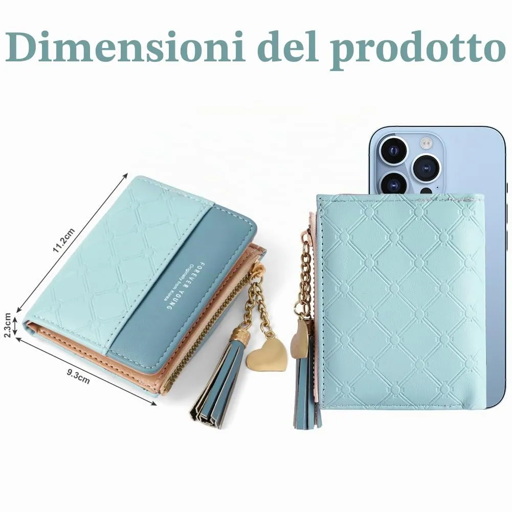 Adiwo Portafoglio Donna, Pelle Portafoglio Portamonete con Cerniera, Piccolo Portafogli in Pelle Sintetica con Scomparto per Monete, Blocco RFID e Molti Altri Scomparti (Blu) - immagine 2