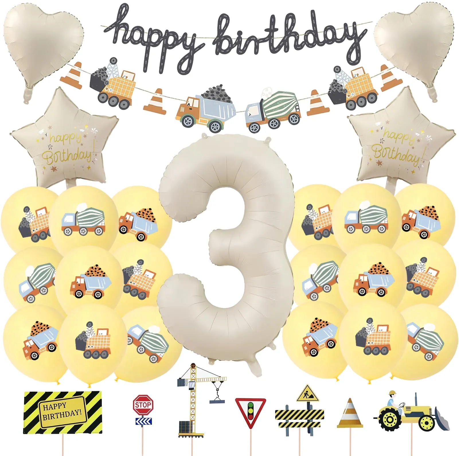 32 Pezzi Decorazione di Compleanno di Escavatori 3 Anni - immagine 1