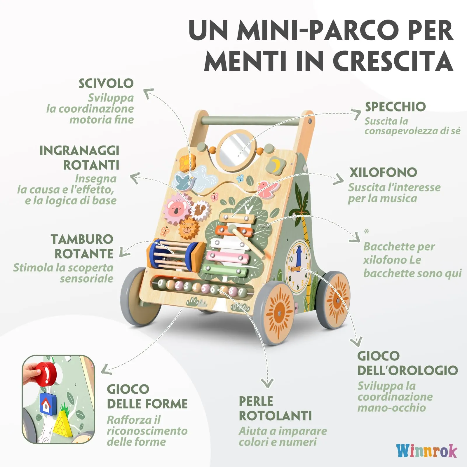 Carrello Primi Passi in Legno, Girello Montessori con Centro Attività - immagine 2