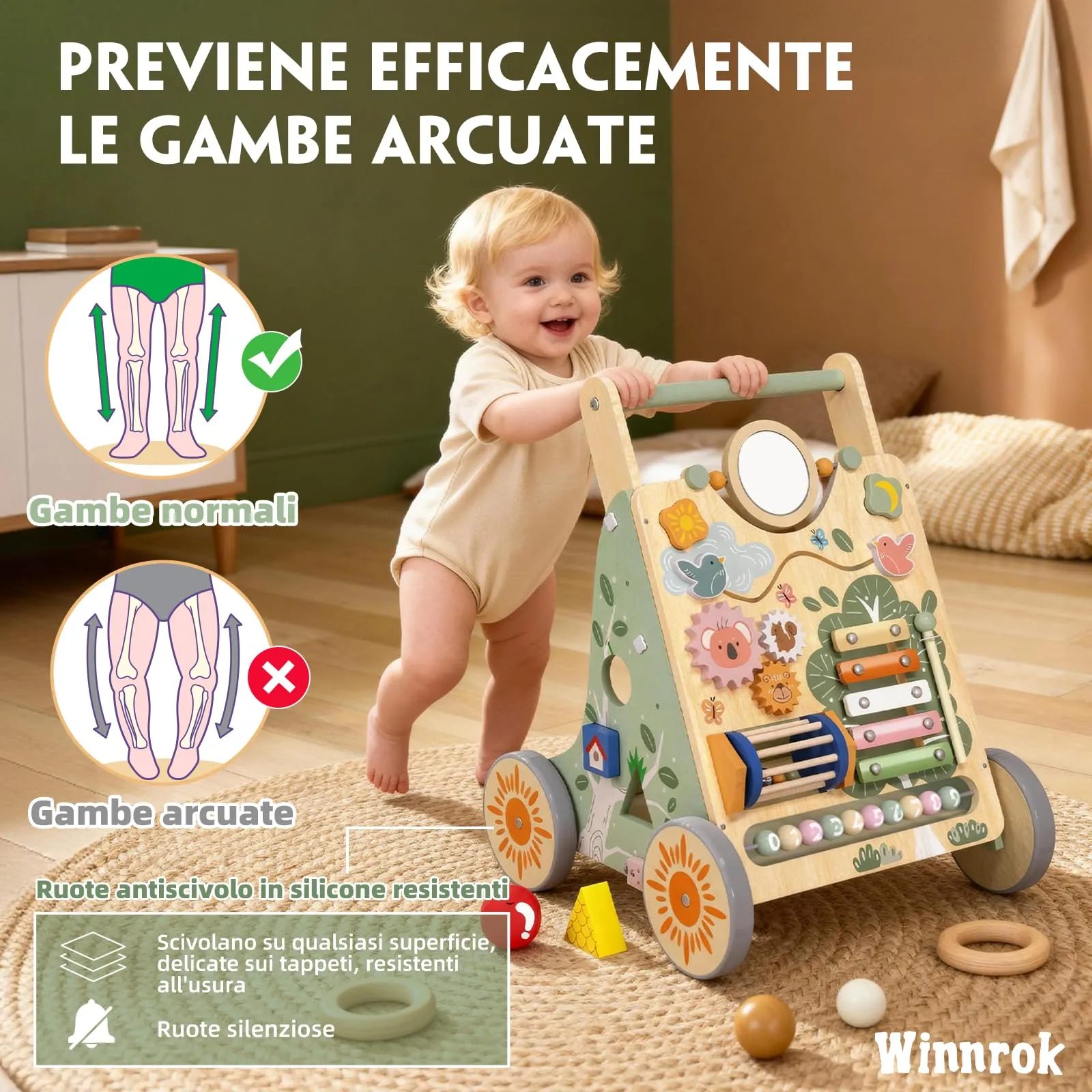 Carrello Primi Passi in Legno, Girello Montessori con Centro Attività - immagine 3