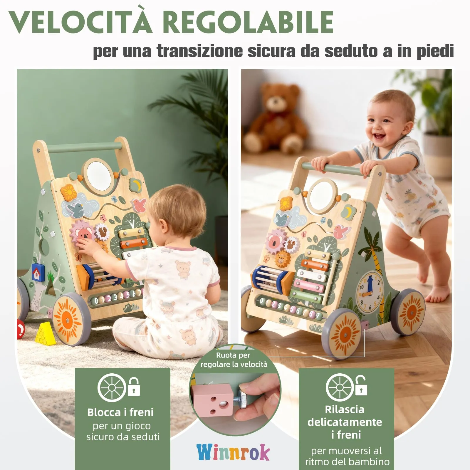Carrello Primi Passi in Legno, Girello Montessori con Centro Attività - immagine 6