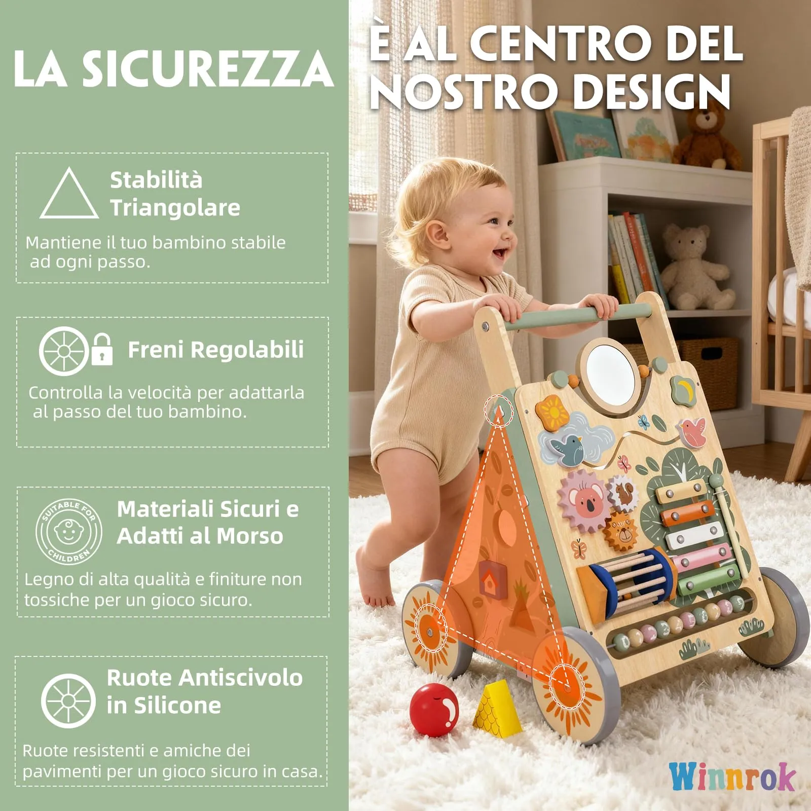 Carrello Primi Passi in Legno, Girello Montessori con Centro Attività - immagine 7