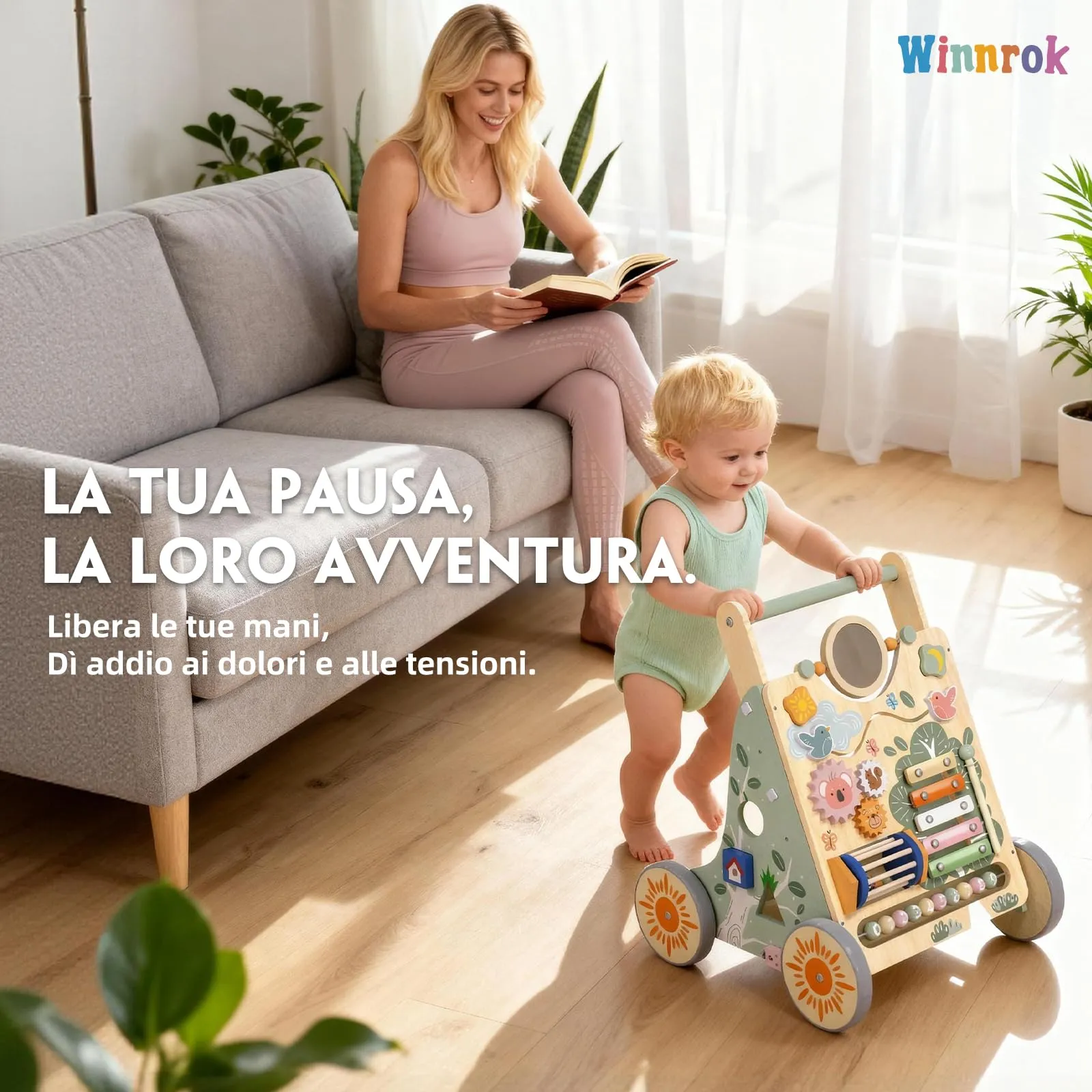 Carrello Primi Passi in Legno, Girello Montessori con Centro Attività - immagine 9