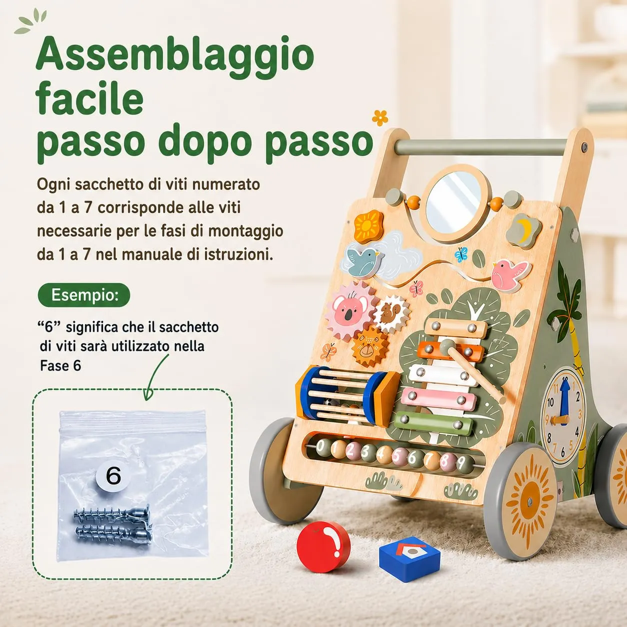 Carrello Primi Passi in Legno, Girello Montessori con Centro Attività - immagine 10