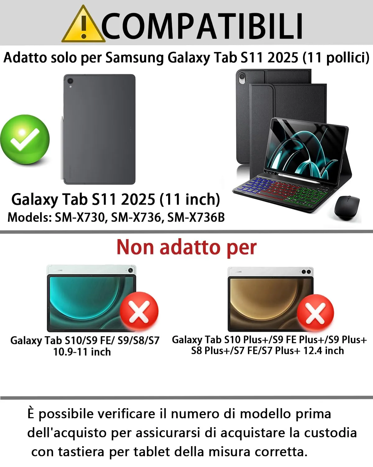 Per Samsung Galaxy Tab S11 (2025) 11 Pollici Cover Custodia Protettivar Con Wireless Bluetooth Italiano (QWERTY) Tastiera Retroilluminati Mouse Con funzione magnetica Backlit Keyboard Case - immagine 2