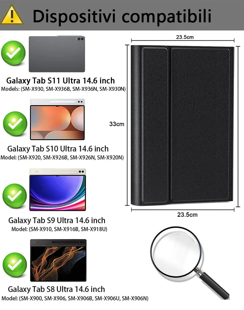 Per Samsung Galaxy Tab S11 Ultra/ S10 Ultra/ S9 Ultra/ S8 Ultra 14.6 Pollici Cover Con Wireless Bluetooth Retroilluminati Italiano (QWERTY) Tastiera e Mouse Custodia Protettivar Backlit Keyboard Case - immagine 2