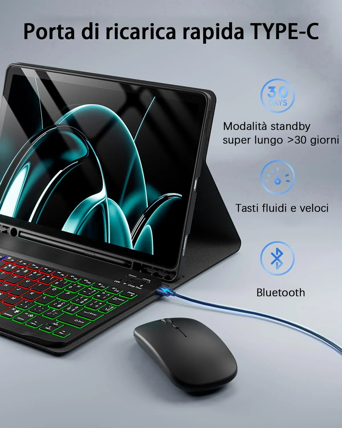 Per Samsung Galaxy Tab S11 Ultra/ S10 Ultra/ S9 Ultra/ S8 Ultra 14.6 Pollici Cover Con Wireless Bluetooth Retroilluminati Italiano (QWERTY) Tastiera e Mouse Custodia Protettivar Backlit Keyboard Case - immagine 4