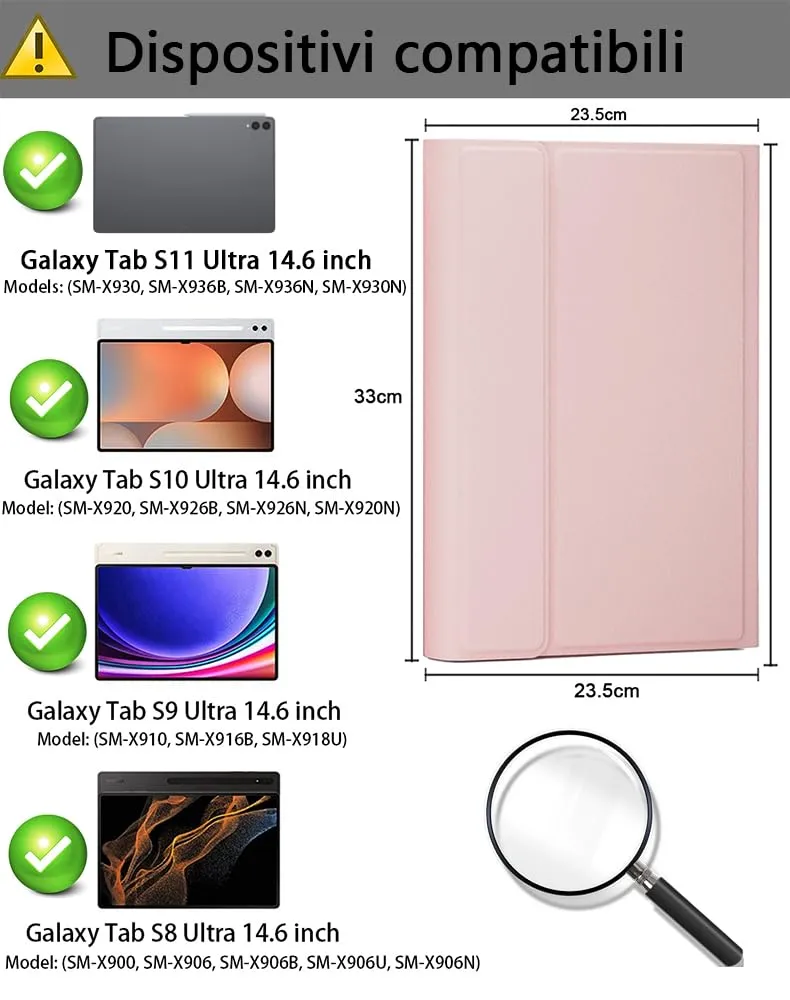 Per Samsung Galaxy Tab S11 Ultra/ S10 Ultra/ S9 Ultra/ S8 Ultra 14.6 Pollici Cover Con Wireless Bluetooth Retroilluminati Italiano (QWERTY) Tastiera e Mouse Custodia Protettivar Backlit Keyboard Case - immagine 2