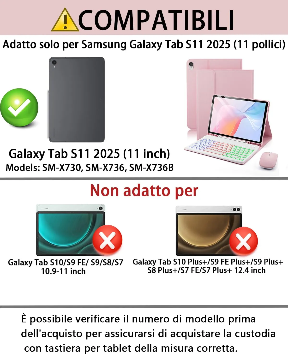 Per Samsung Galaxy Tab S11 (2025) 11 Pollici Cover Custodia Protettivar Con Wireless Bluetooth Italiano (QWERTY) Tastiera Retroilluminati Mouse Con funzione magnetica Backlit Keyboard Case - immagine 2