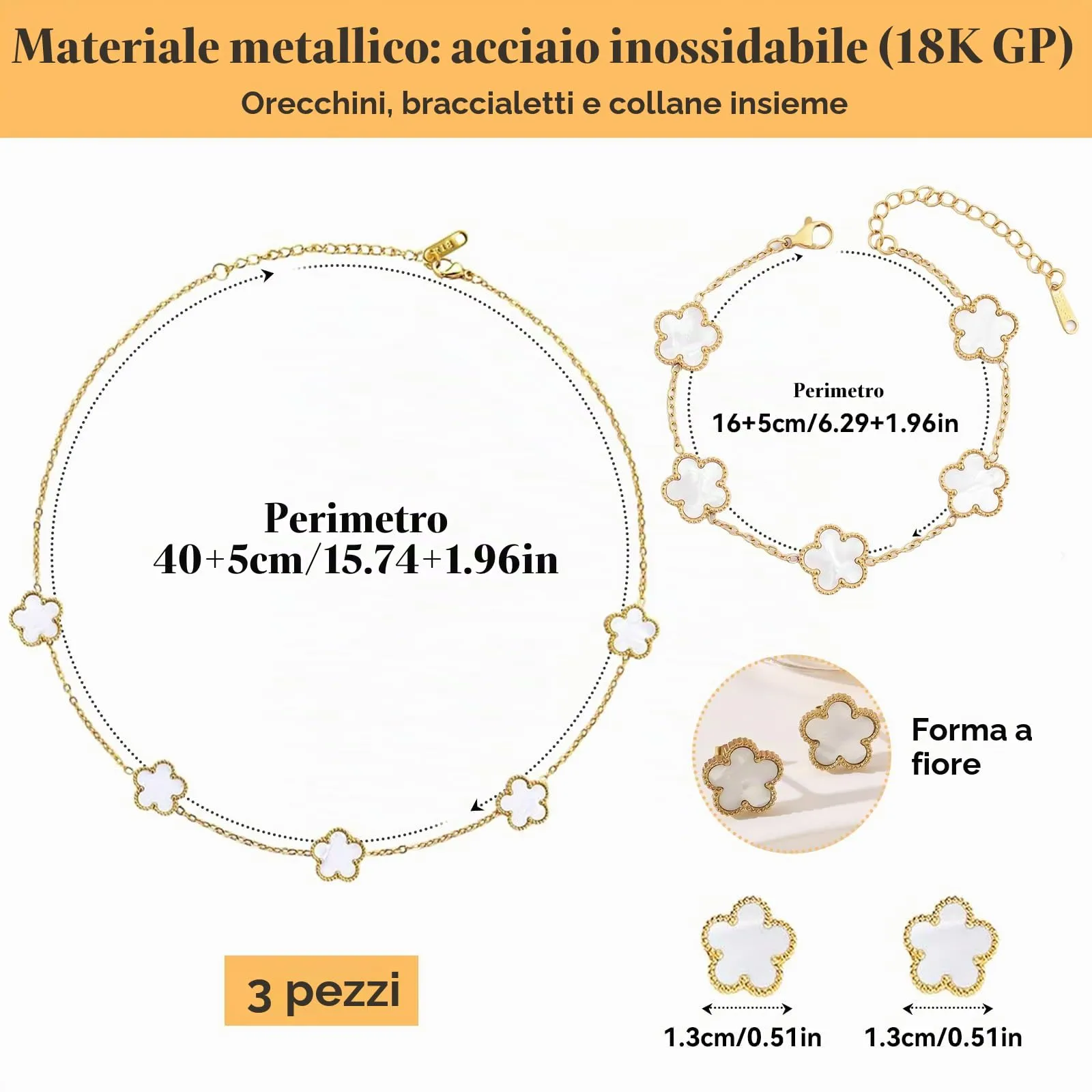 ZHITENG Parure Gioielli Trifoglio a Cinque Foglie, Regolabile Bracciale Trifoglio a Cinque Foglie, Motivo Floreale Collana, set da 3 Pezzi Adatto Come Regalo per Fidanzata, Sposa, Madre (Bianco) - immagine 2