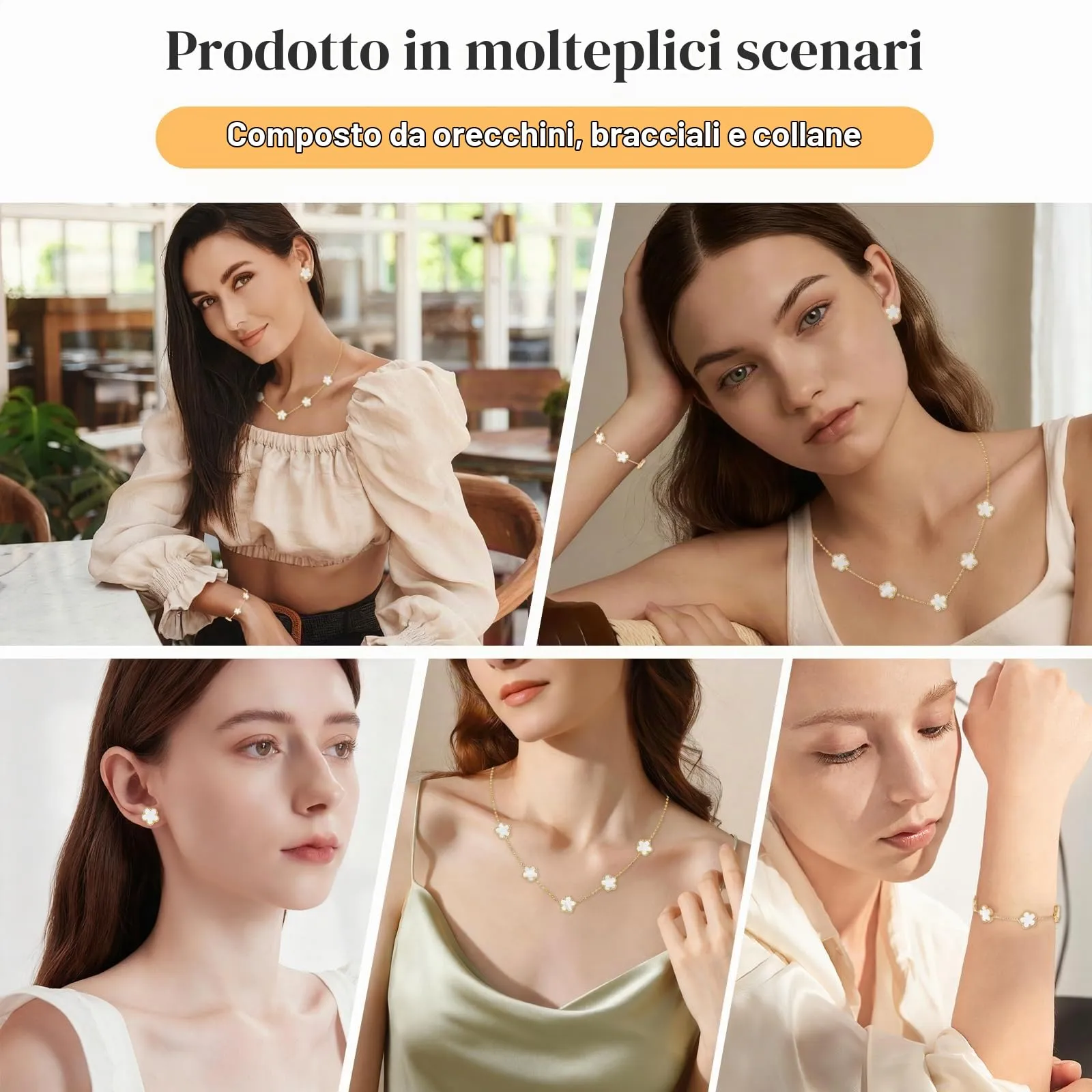 ZHITENG Parure Gioielli Trifoglio a Cinque Foglie, Regolabile Bracciale Trifoglio a Cinque Foglie, Motivo Floreale Collana, set da 3 Pezzi Adatto Come Regalo per Fidanzata, Sposa, Madre (Bianco) - immagine 4